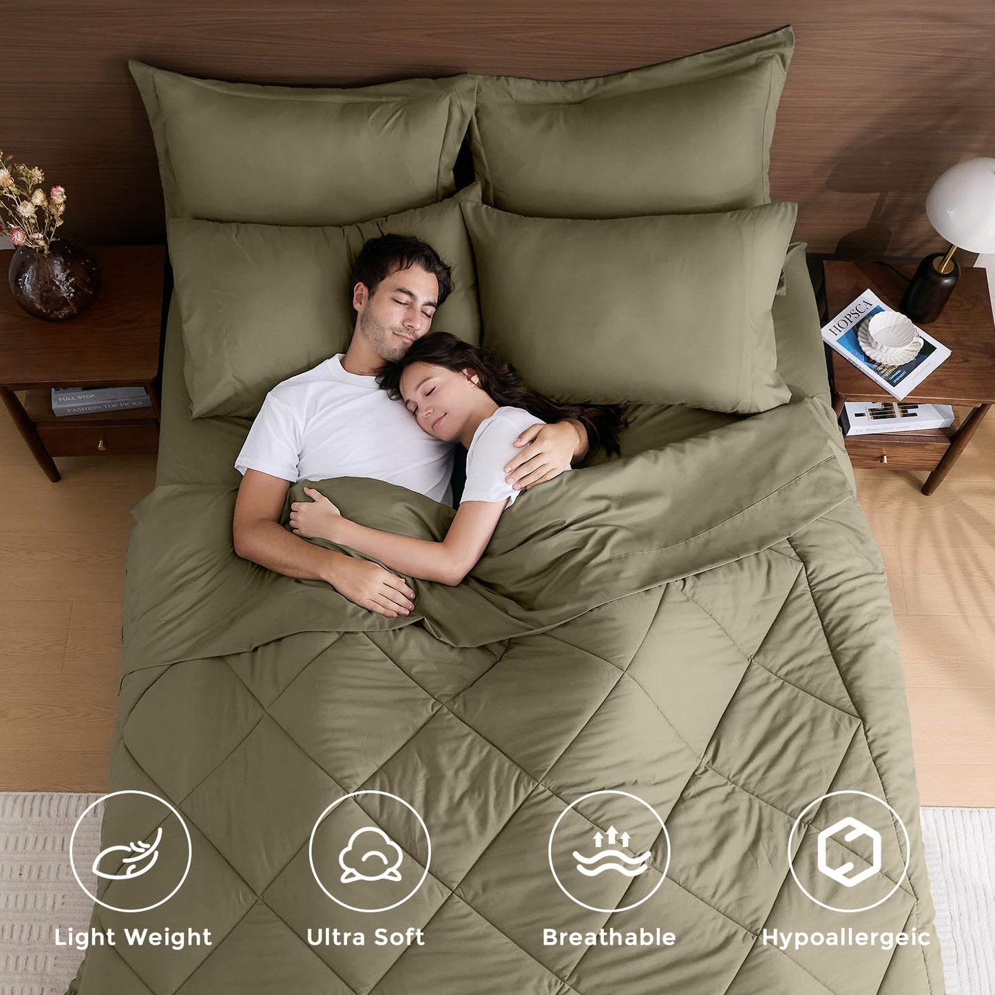 HEVUMYI Olive Green Queen Comforter Set - 7-Piece All Season Bed in a Bag Queen, Ultra Soft Bedding Set with Comforter, Flat Sheet, Fitted Sheet, Pillowcases, Pillow Shams, Olive Green