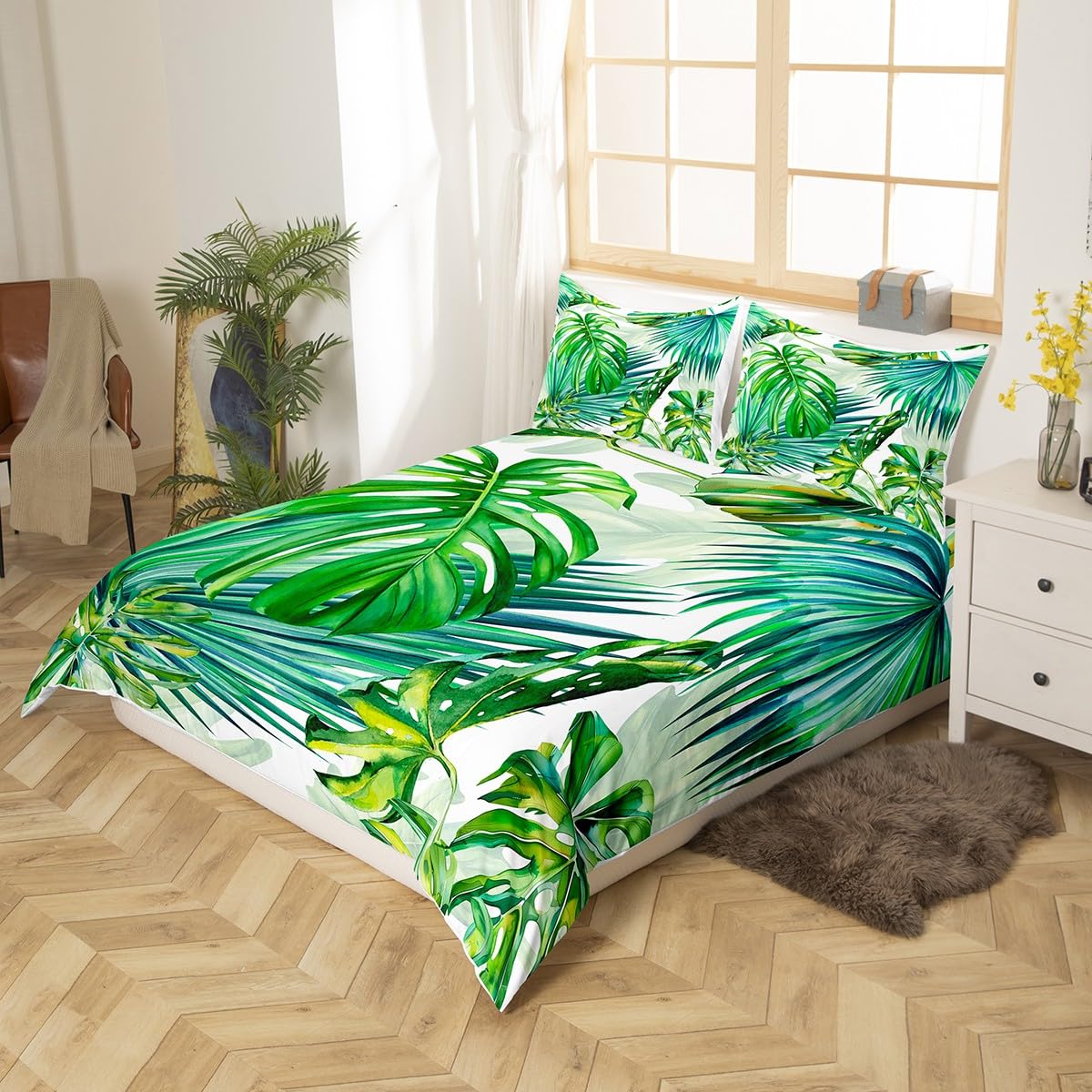 Erosebridal Tropical Bedding Tree Duvet Cover Set King Size Green Plant Palm Leaves Comforter Cover 3PC Jungle Botanical Leaf Duvet Cover+ 2 Pillow Shams for Kids Adult Room Decor
