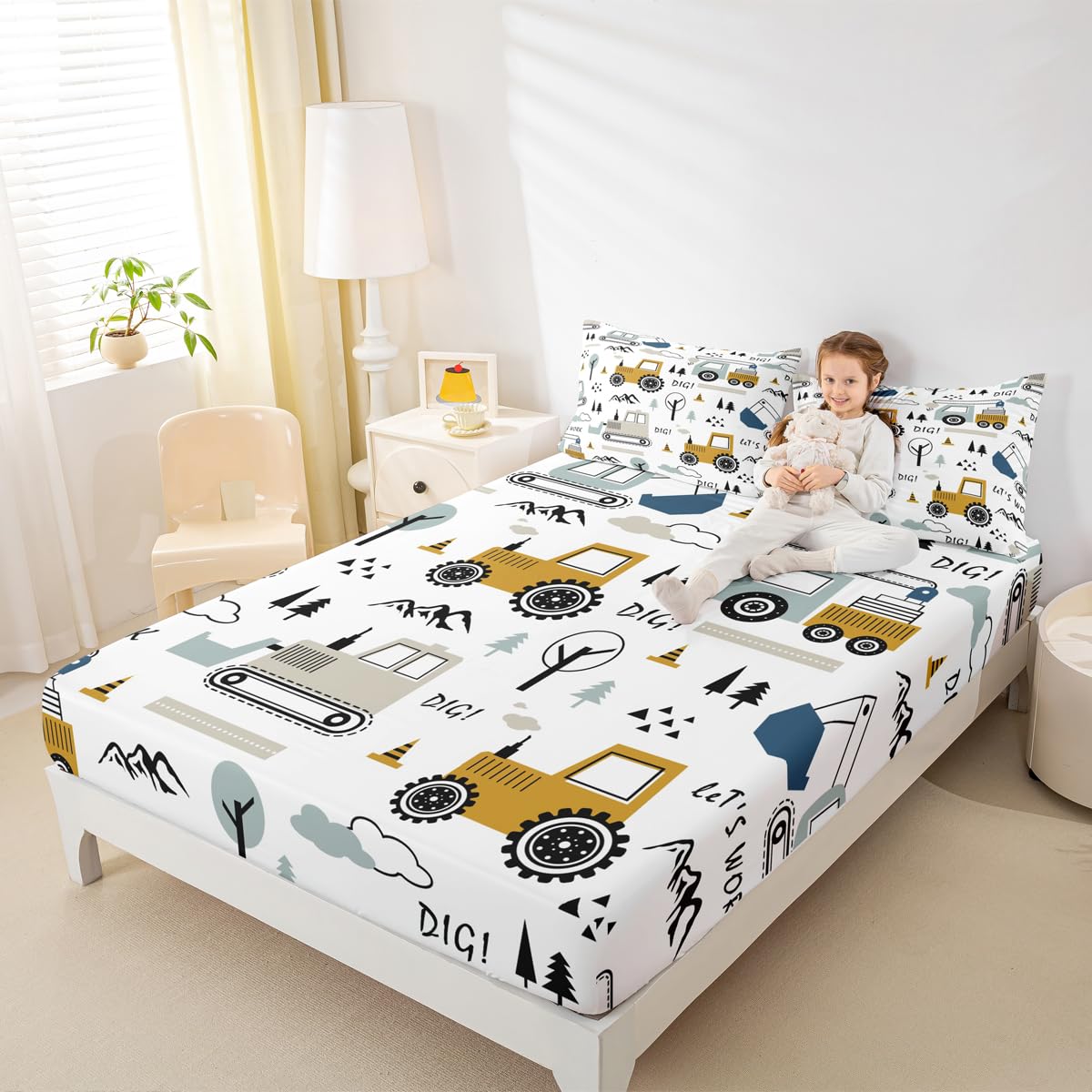 Cartoon Car Kids Sheet Set Construction Bed Sheets Set Decor Equipment Trucks Sheets with Deep Pocket Fitted Sheet Cartoon Car Excavator Tractor White Yellow Bedding Set Bedroom Quilt Cover 4Pcs Full