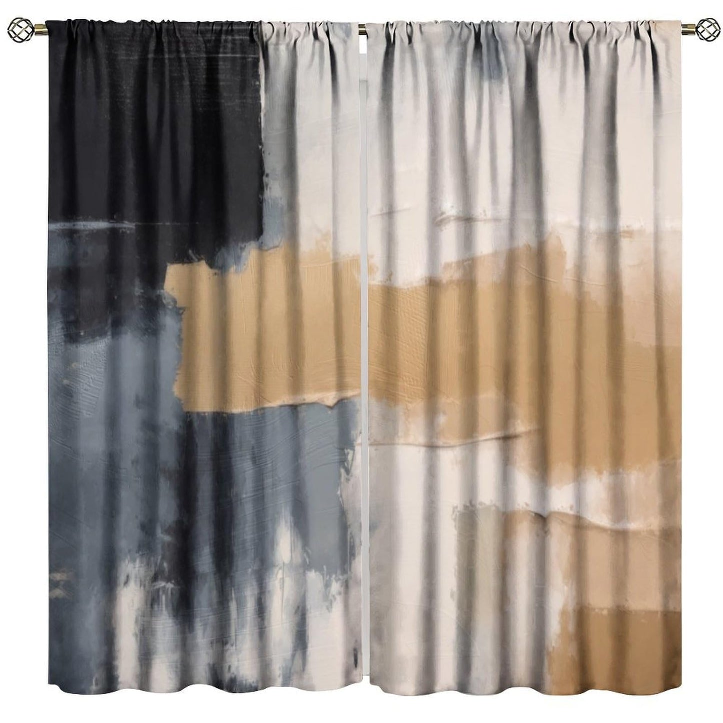Abstract Black Beige Gray Curtains, Rod Pocket Taupe Tan Neutral Art Painting Modern Window Drapes for Living Room Bedroom, 20.5" W x 44.5" L, 2 Panels （No Blackout）