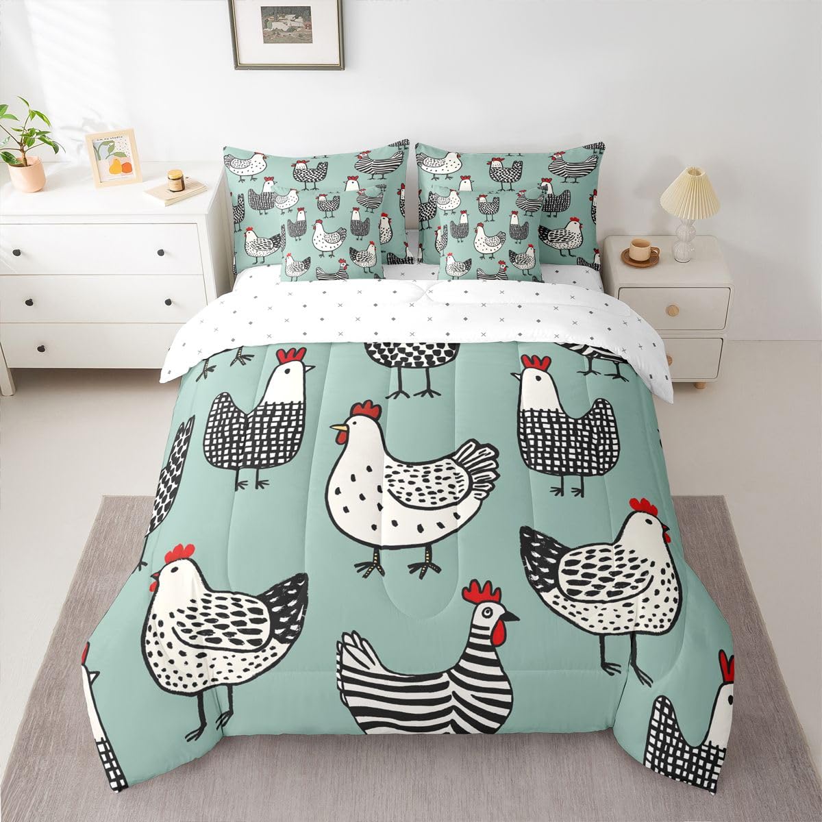 Erosebridal Chicken 7 Pcs Bedding Set King Cartoon Chick Comforter Set with Sheets Cute Farmhouse Animal Bed in A Bag Teal Black Bedroom Decor
