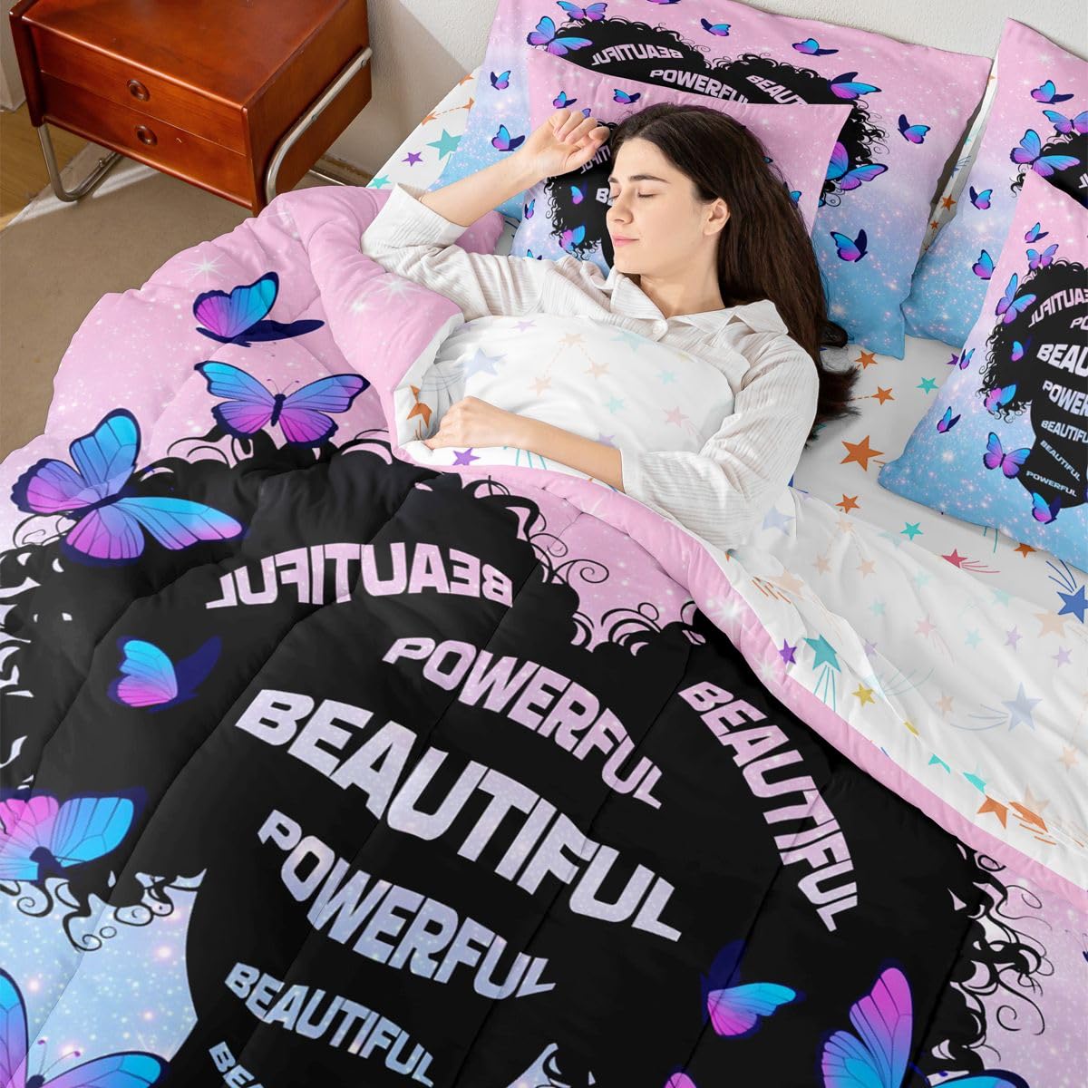 Erosebridal Black Girls Magic Queen Bedding Set Aesthetic Glitter Butterfly Comforter Set with Flat and Fitted Sheet Girl Women Empowering Words 7-Piece Bed in a Bag Blue Pink Gradient Quilt Sets