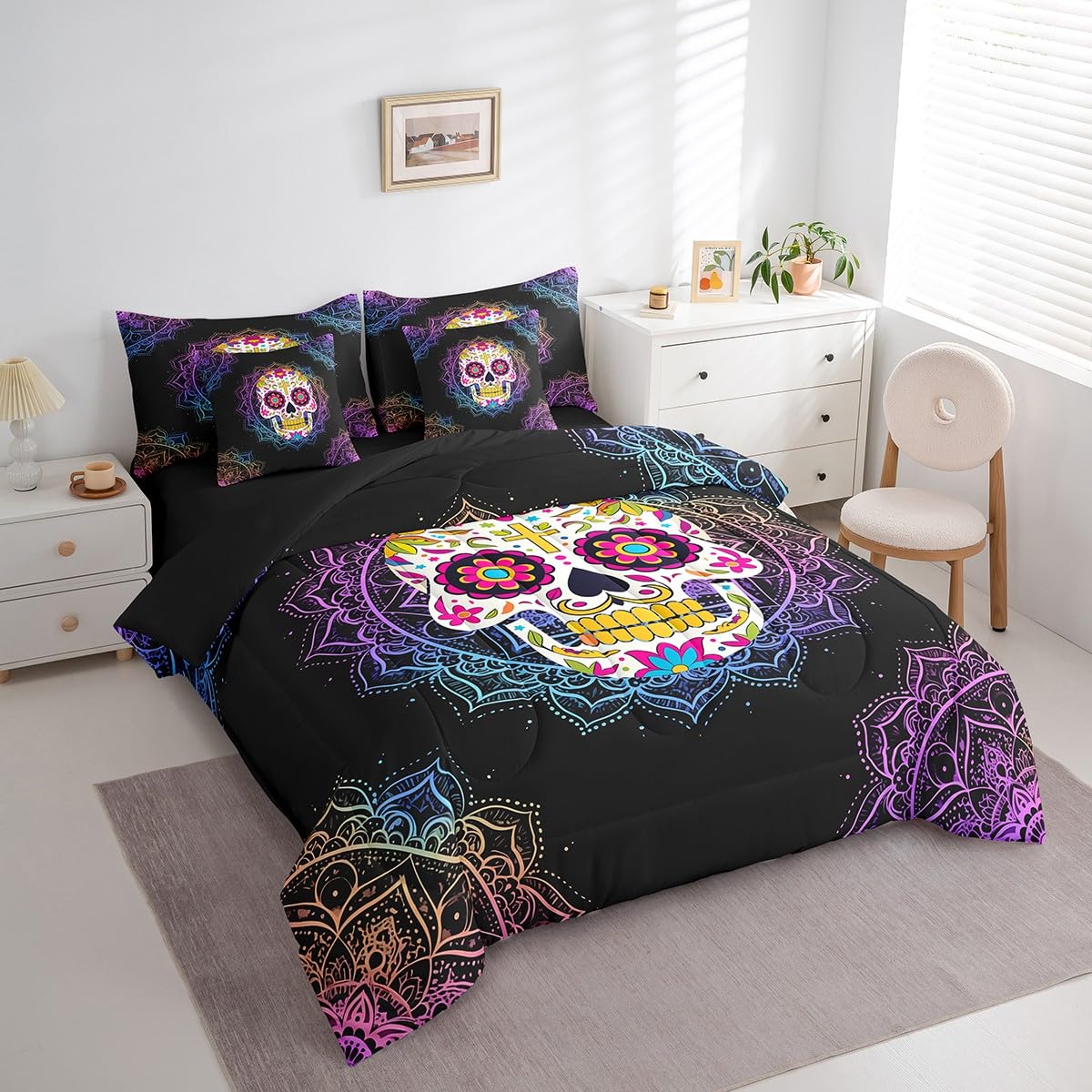 Erosebridal Sugar Skull Full Size Bed Sheets and Comforter Set,Bohemian Mandala 7 Piece Bedding Set Boho Floral Gothic Bone Bed in a Bag,Tribe Exotic Flower Halloween Skeleton Decorations