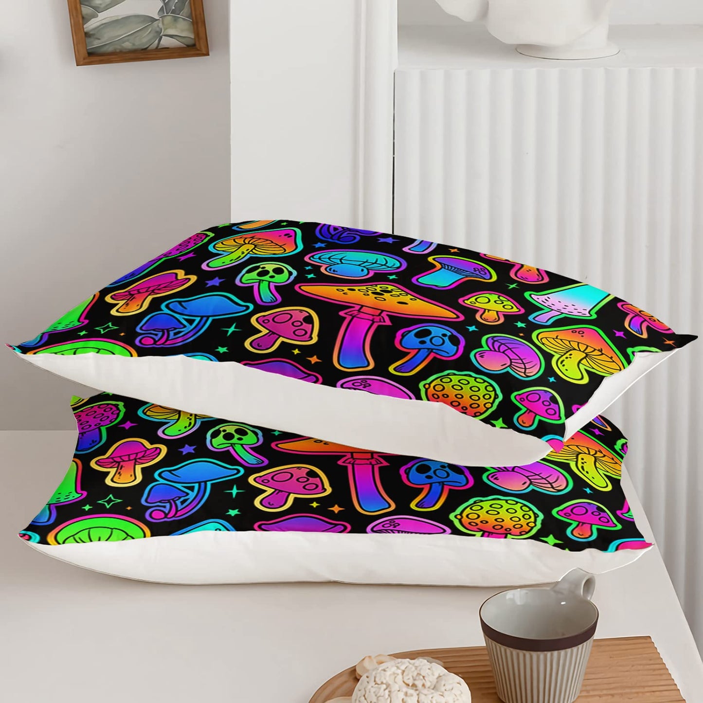 Axolotl Mushroom Sheet Set Kids Bedding Twin,4Pcs Colorful Soft Gradient Mushroom Bedding Set with 1 Fitted Sheet 1 Flat Sheet 2 Pillowcases,Cute Bed Sets for Kids Boys Girls Teens Adults,Black Neon