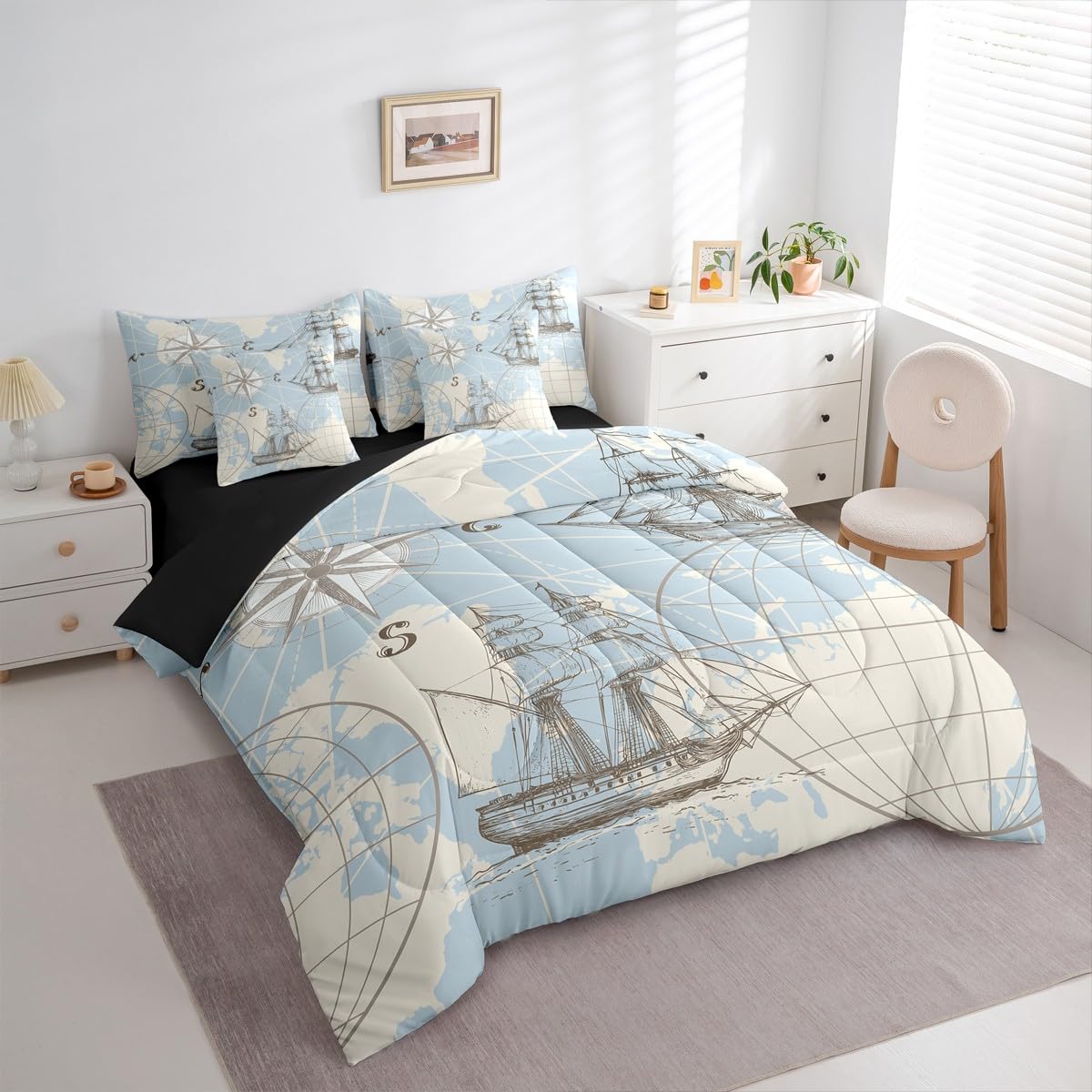 Erosebridal Nautical Full Comforter Set 7 Pieces, World Map Bed in A Bag for Bedroom, Sailing Boat Yacht Bedding Set with Comforters, Sheets, Pillowcases Retro Compass Room Decor