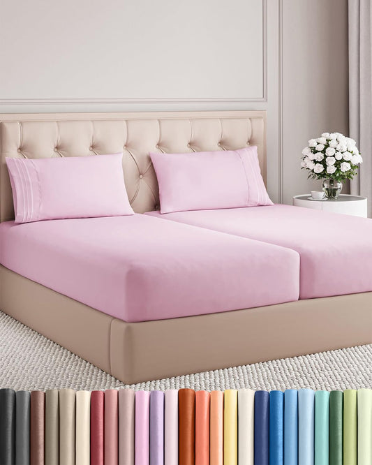 Split King Size 5 Piece Sheet Set - Comfy Breathable & Cooling Sheets - Hotel Luxury Bed Sheets for Women & Men - Deep Pockets, Easy-Fit, Soft & Wrinkle Free Sheets - Light Pink Oeko-Tex Bed Sheet Set