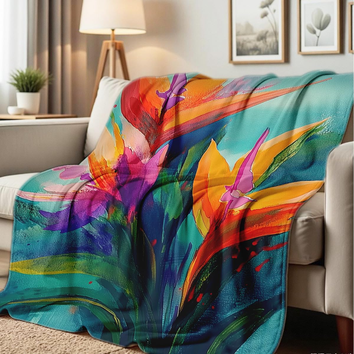 HUNXIAOJ Paradise Throw Blanket Birds Tropical Flowers Print Throw Floral Flannel Blanket for Sofa Bed Couch Office Home Decor Nature Botanical Lovers Gifts (49"x59")