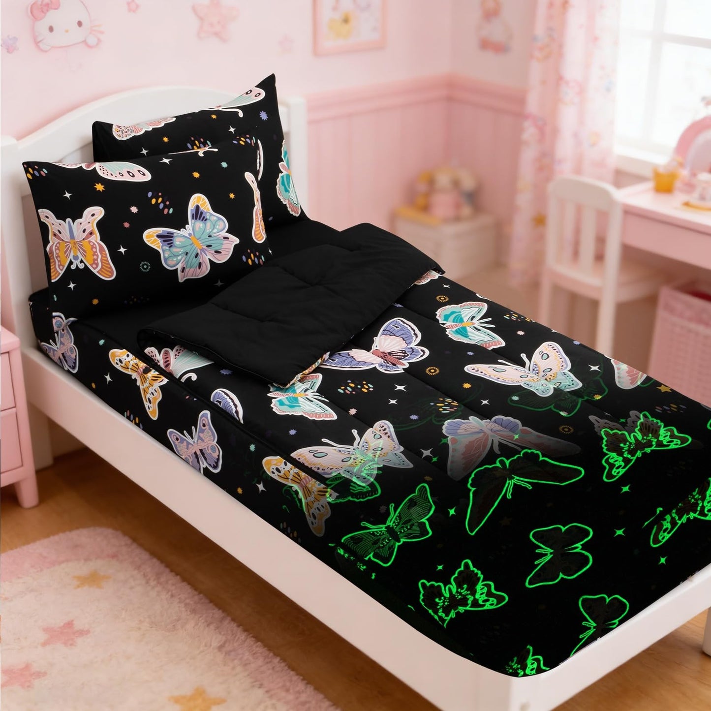 Meeting Story Glow in the Dark Girl Twin Butterfly Bedding Sets Zipper Bedding, 3 Pcs Zip Up Comforter Bed in a Bag with Fitted Sheet and 2 Pcs Pillowcases(Blackpurple,Twin)