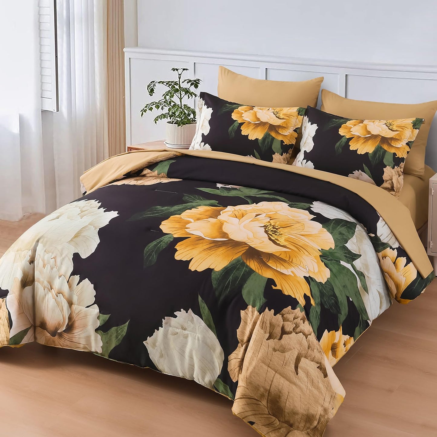 Dobuyly Black Floral Comforter Set Queen 7 Piece Bed in a Bag, Yellow Brown Flower Printed on Black Comforter Set with Sheets, Soft Microfiber Botanical Boho Bedding Set for All Season