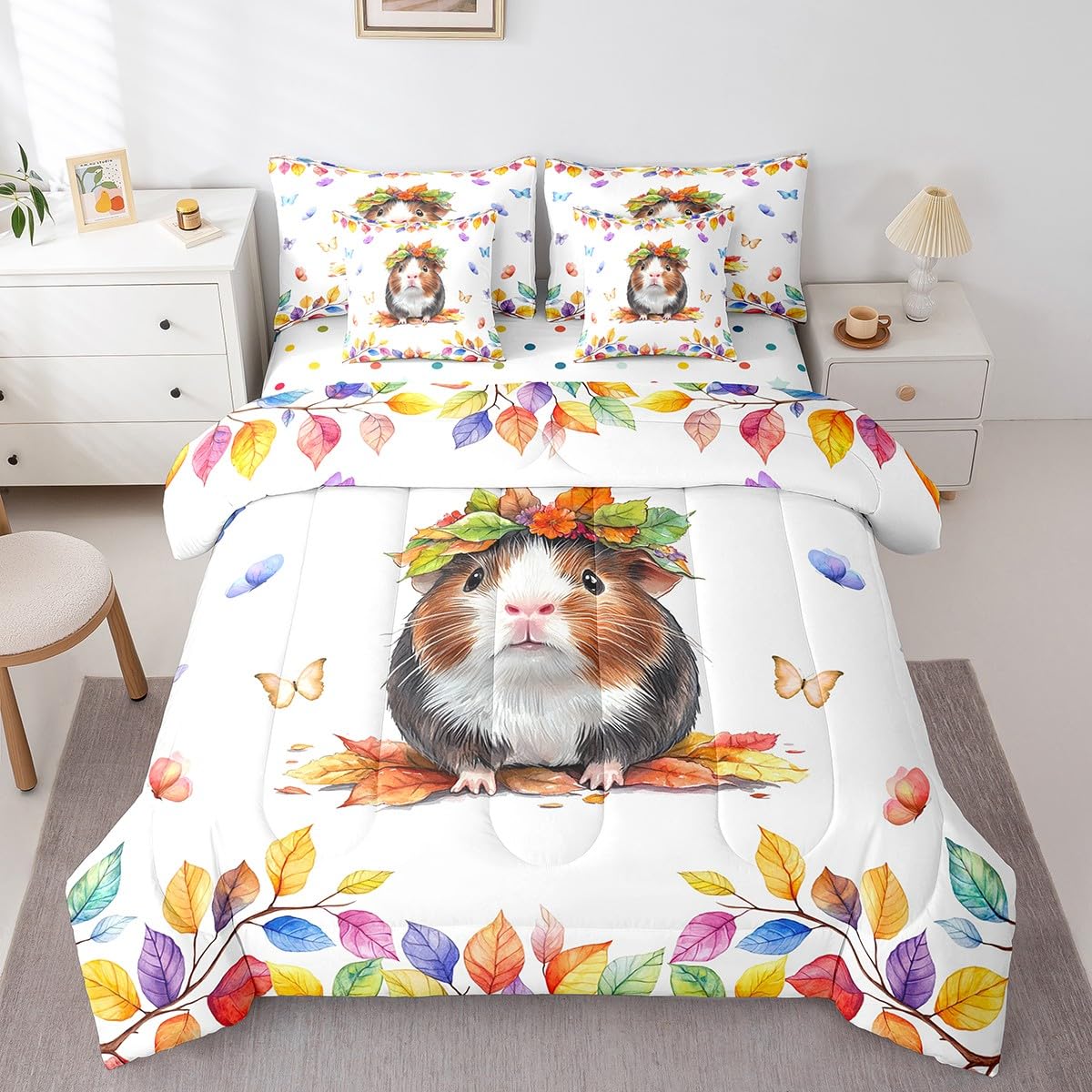 Kawaii Guinea Pig Bedding Comforter Sets 7pcs for Boys Girls Cartoon Animal Queen Bedding Sets, Colorful Butterfly Bed in a Bag Rainbow Eucalyptus Leaves Comforter Set, Cute Polka Dots Reversible