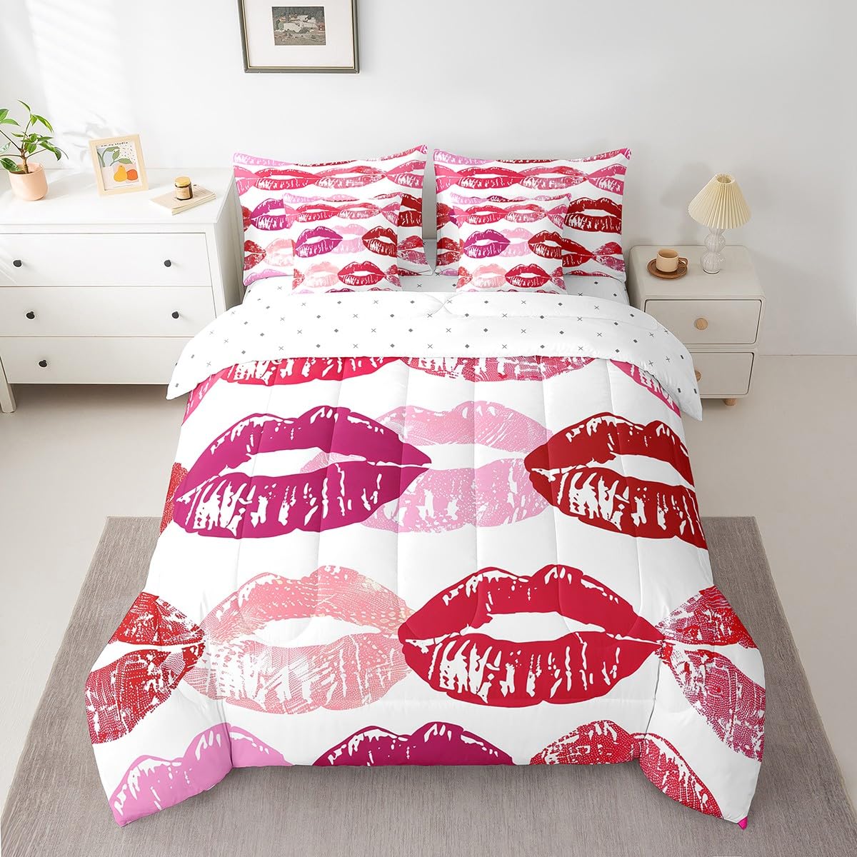 Erosebridal Red Pink Lip Comforter Set for Girls Teens Women 3D Mouth Print Bedding Sets 7 Piece Twin Fashion Lip Bed in A Bag Boys Modern Abstrict Art Quilt with Flat Fitted Sheet All Season