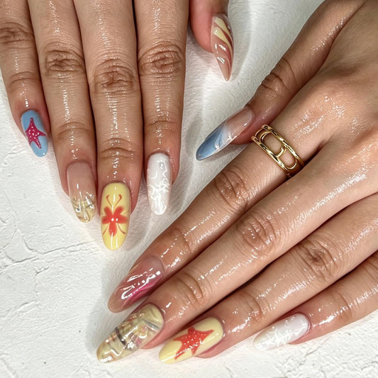 3D Press On Nails Almond Medium Fake Nails with Cat's Eye Embossed Starfish&Lines Summer Beach Designs, Acrylic Artificial Nail Press ons False Stick On Nails for Women Girls 30Pcs