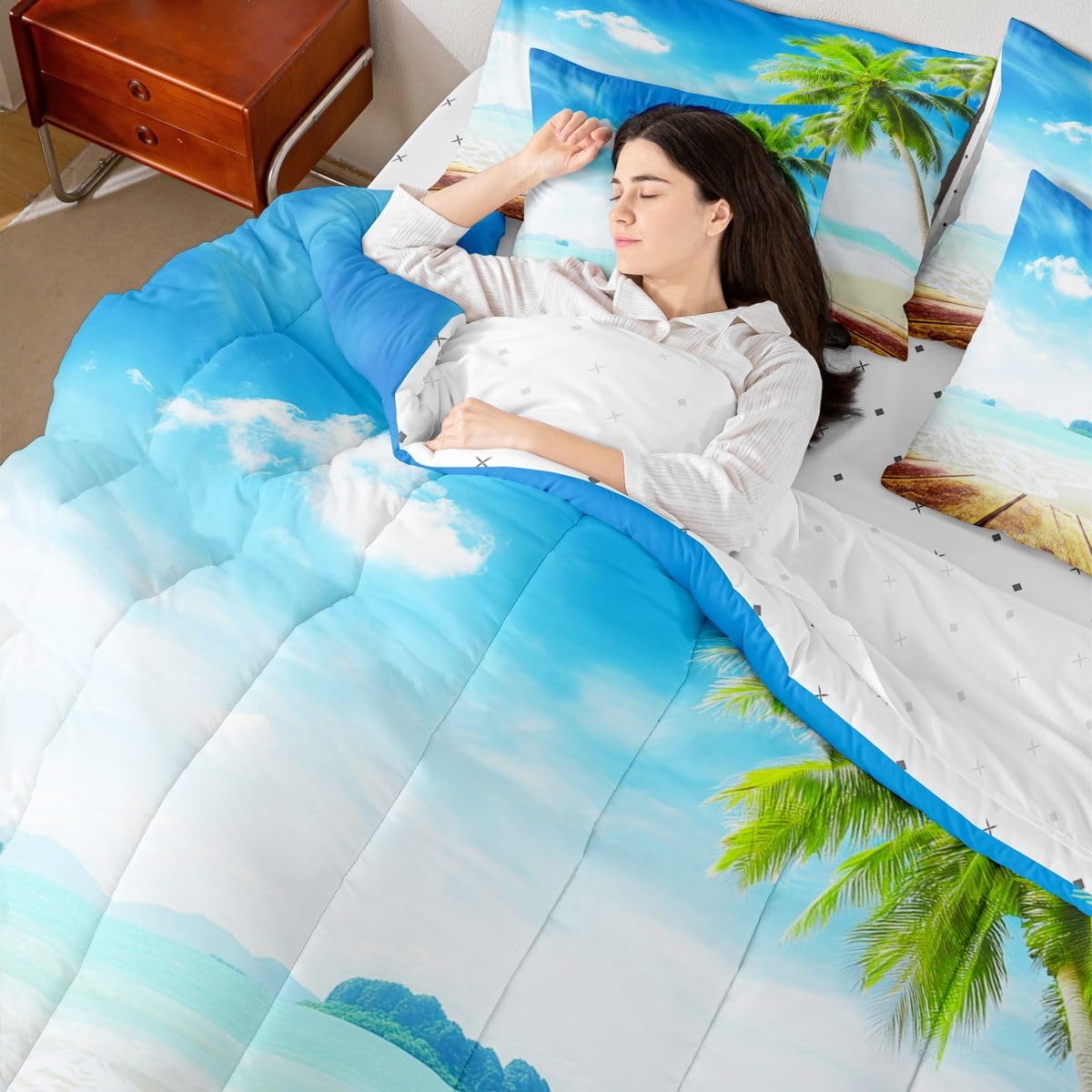 Erosebridal Beach Comforter Set King Size 7 Pieces, Ocean Bed in A Bag, Tropical Palm Tree Hawaiin Bedding Set with Comforters, Sheets, Pillowcases Coastal Nature Theme Bedroom Decor