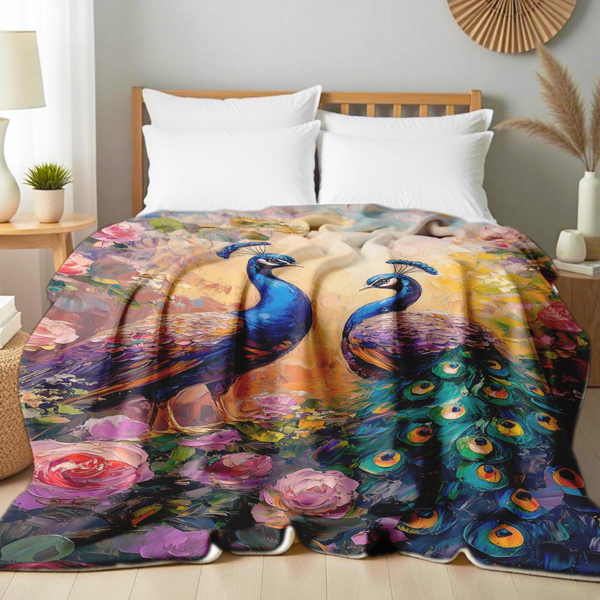 HUNXIAOJ Peacock Blanket Throw Queen Size Elegant Animal Decor Bird Print Flannel Throw Couch Bed Living Room Home Decor Gifts for Lovers Women Girls Adults 59"x70"