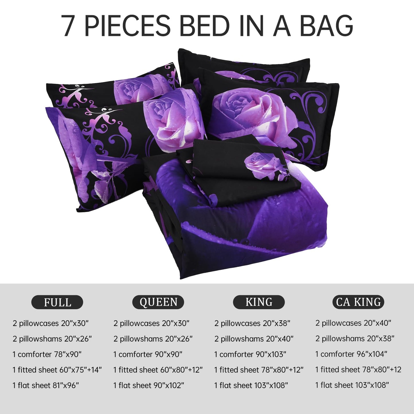 Floral Comforter Set California King 7 Piece Bed in a Bag Purple Rose Flower Comforter with Sheet Set Soft Micorfiber Bedding Set (1 Comforter,2 Pillow Shams,1 Flat Sheet,1 Fitted Sheet,2 Pillowcases)