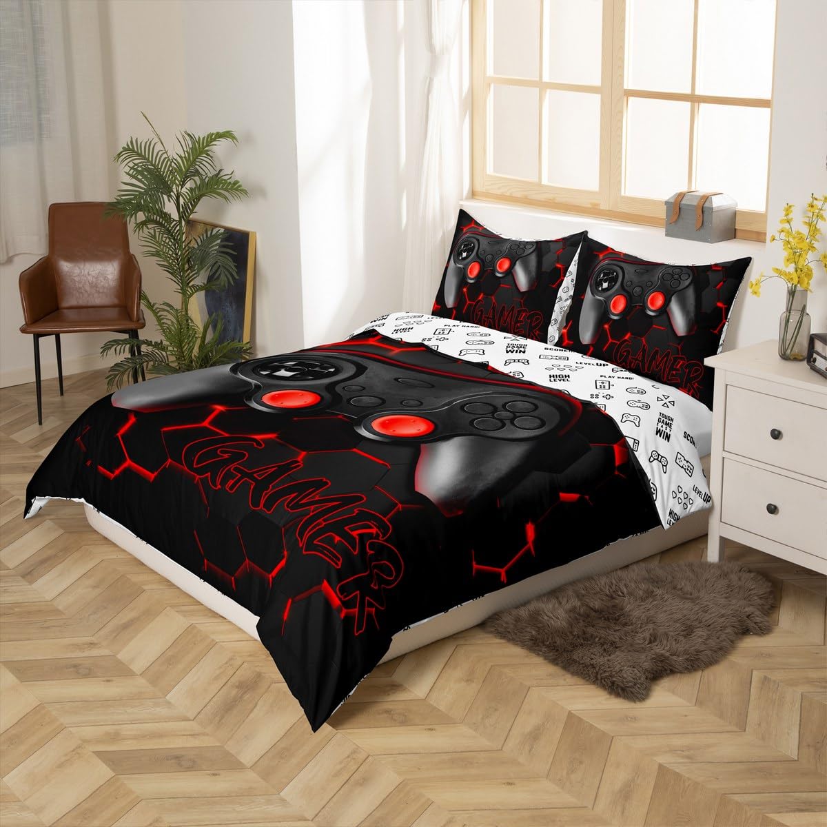 Video Games Reversible Bedding Set,Red Honeycomb Duvet Cover for Kids Teens,Hexagon Gamepad Comforter Cover Decorative Room,Console Game Controller Quilt Cover with 2 Pillowcases,King Size