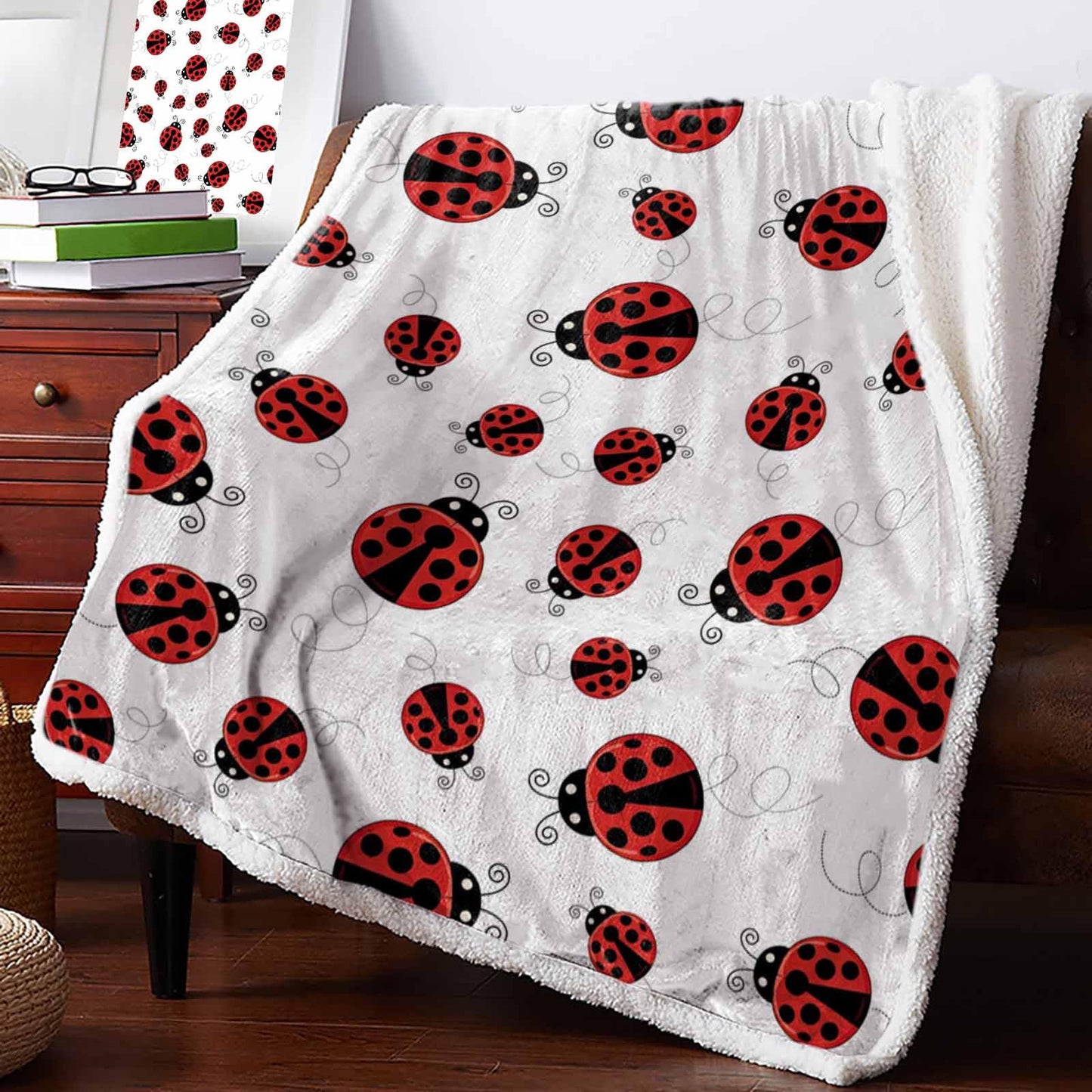 Ladybug Sherpa Fleece Luxury Blanket - Warm & Cozy Super Soft Reversible Throw, 40"x50", Red Ladybug on White Background