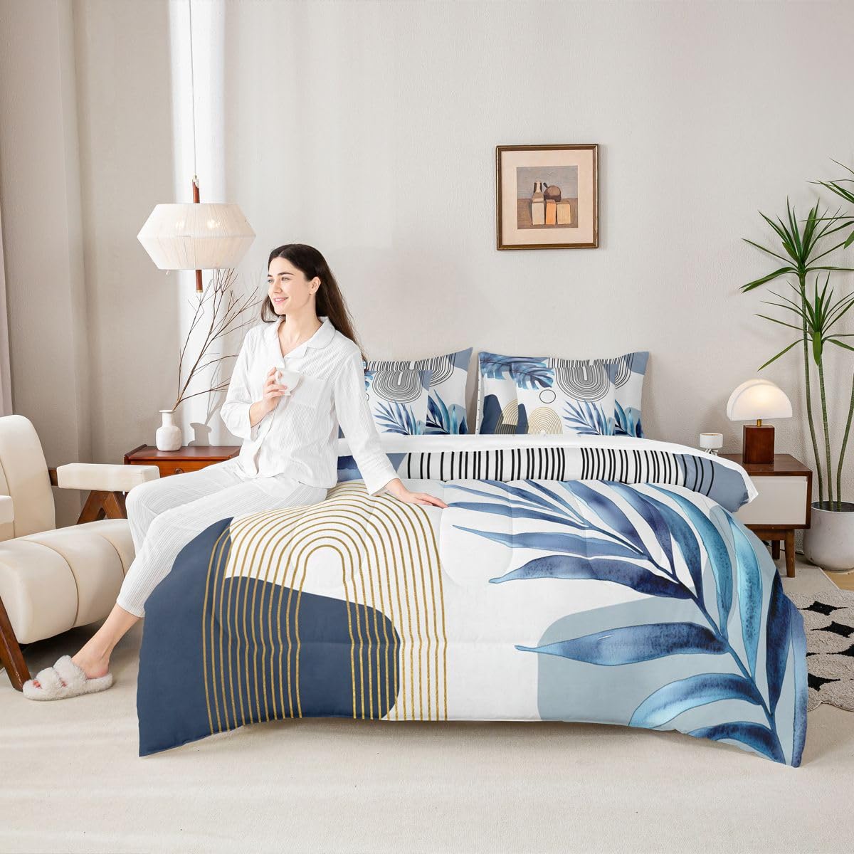 Erosebridal Blue Gold Boho Mid Century Full 7 Pcs Bedding Set, Abstract Minimalist Comforter Set with Sheets, Modern Geometric Simple Arch Bed in A Bag, Tropical Plant Palm Leaf Aesthetic Bed Sets