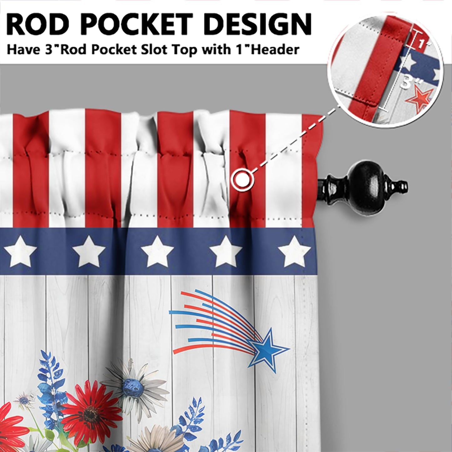 American 4th of July Kitchen Curtains Valances and Tiers Set for Windows, Patriotic Independence Memorial Day Bathroom Window Curtain Valance 3 Piece Sets,Kitchen Decor for Living Room,54"x 36"