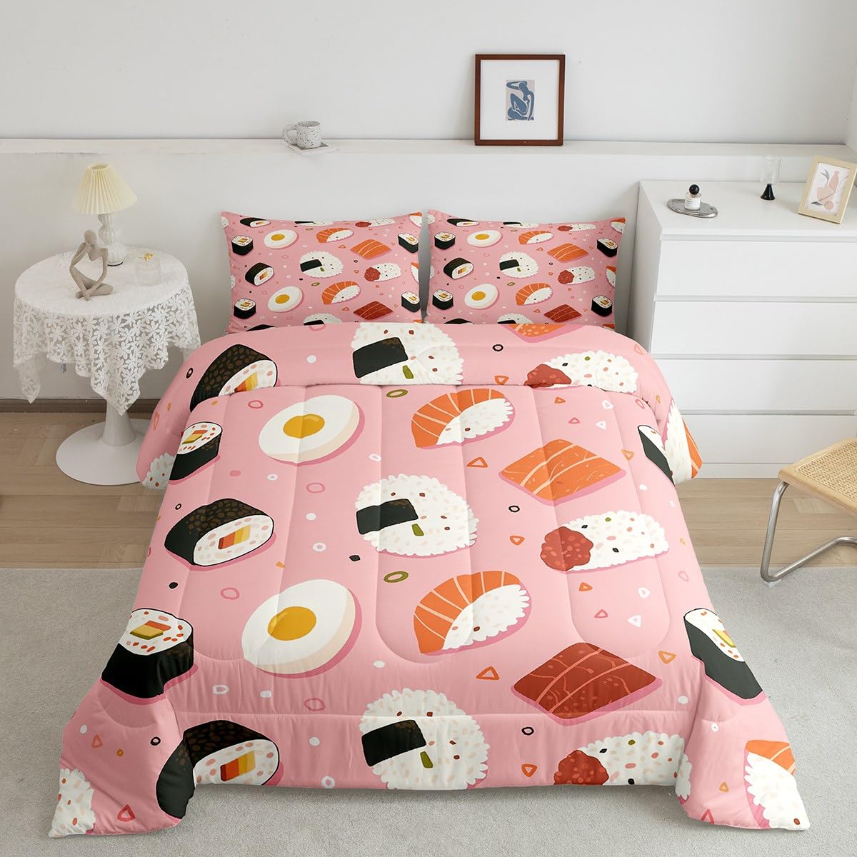 Erosebridal Cute Pink Sushi Comforter Set Queen Size,Japanese Food Bedding Set Sushi Gifts for Kids Girls Women,Funny Food Quilt Bed Set Cartoon Bed Comforter Sets with 2 Pillowcases Room Decor