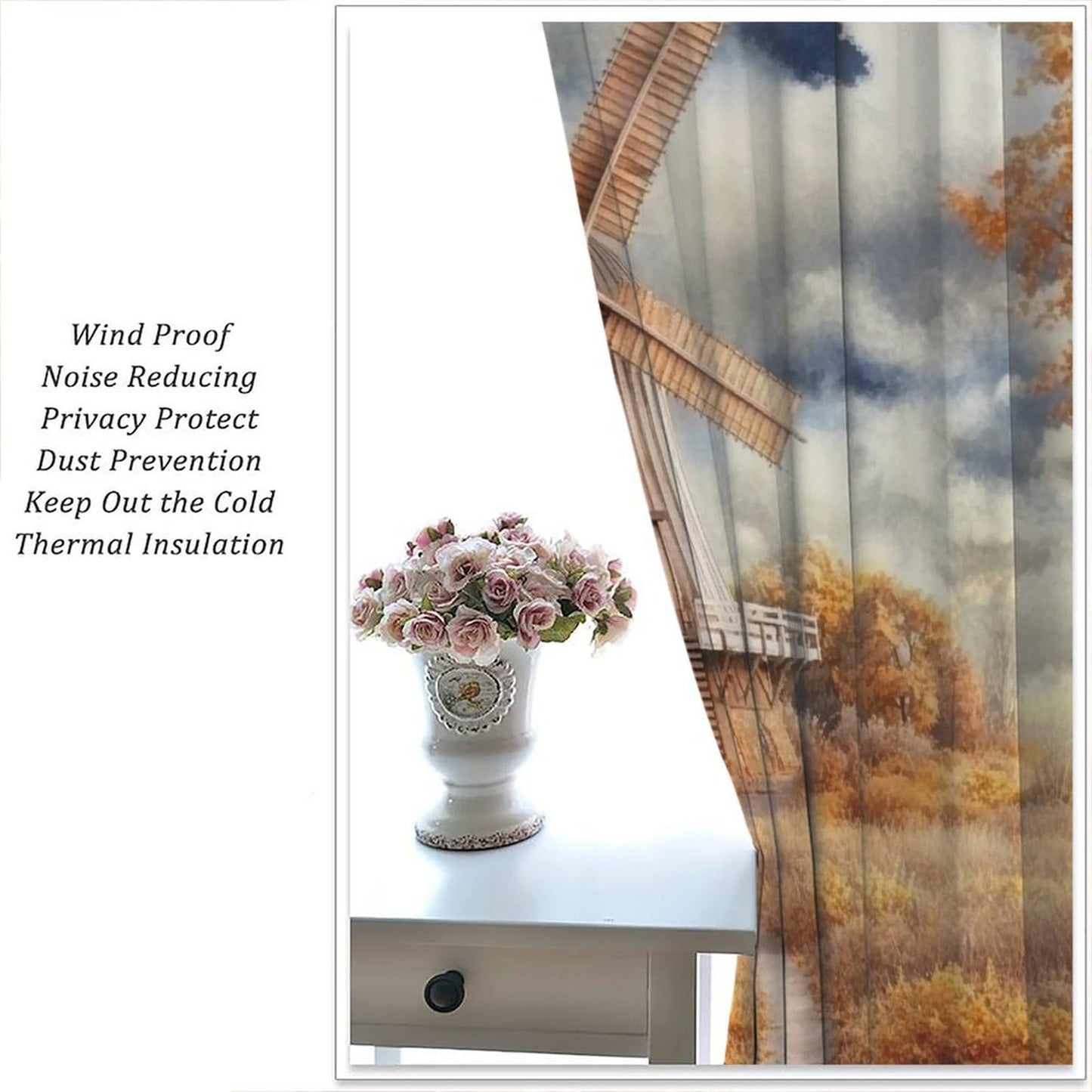 WDHTEXT Rustic Windmill Scenery Blackout Curtains, Thermal Insulated Path Tree Rod Pocket Window Drapes for Living Room Bedroom Decor, 2 Panels, Each 21W x 45L