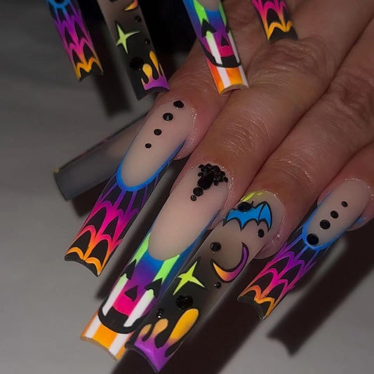 MISUD Press on Nails - Long Coffin Fake Nails with Goth Clown, Acrylic Gothic Bat Design 24 pcs
