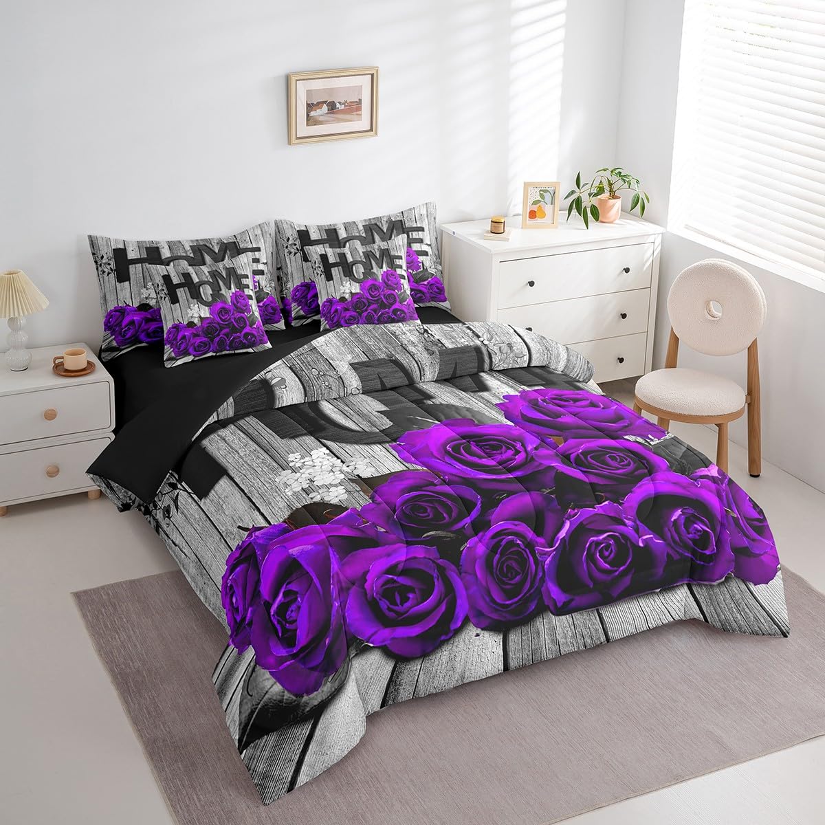 Feelyou Purple Rose 7 Piece Bedding Set for Adult Couple Full Size Romantic Style Comforter Set with Sheets Boys Girls Flower Floral Bed in a Bag Wooden Bed Set