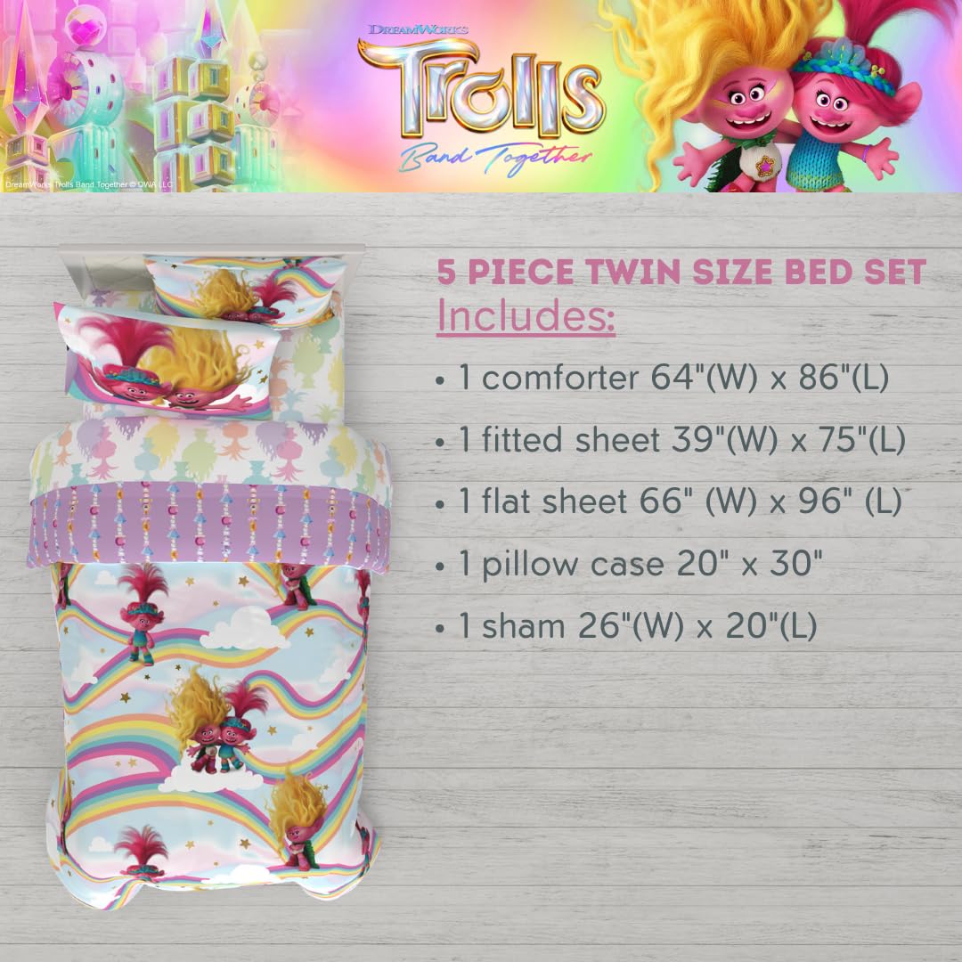 DreamWorks Trolls 3 Band Together Kids 5 Piece Bedding Super Soft Reversible Comforter and Sheet Set with Sham, Twin, (Officially Licensed Product) By Franco
