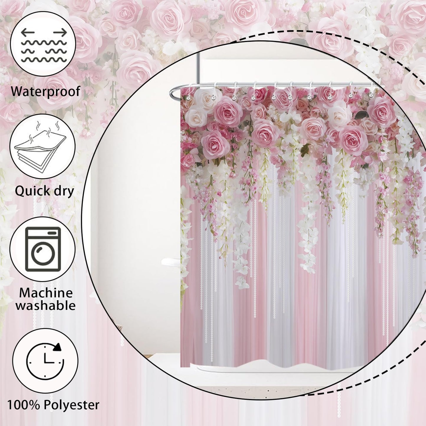 iTapnoom Pink Rose Shower Curtain 72x72 Inch, Romantic Floral Bathroom Curtain with Hanging Flower Garland Design Waterproof Fabric Bath Curtain Set with 12 Hooks for Home Decor