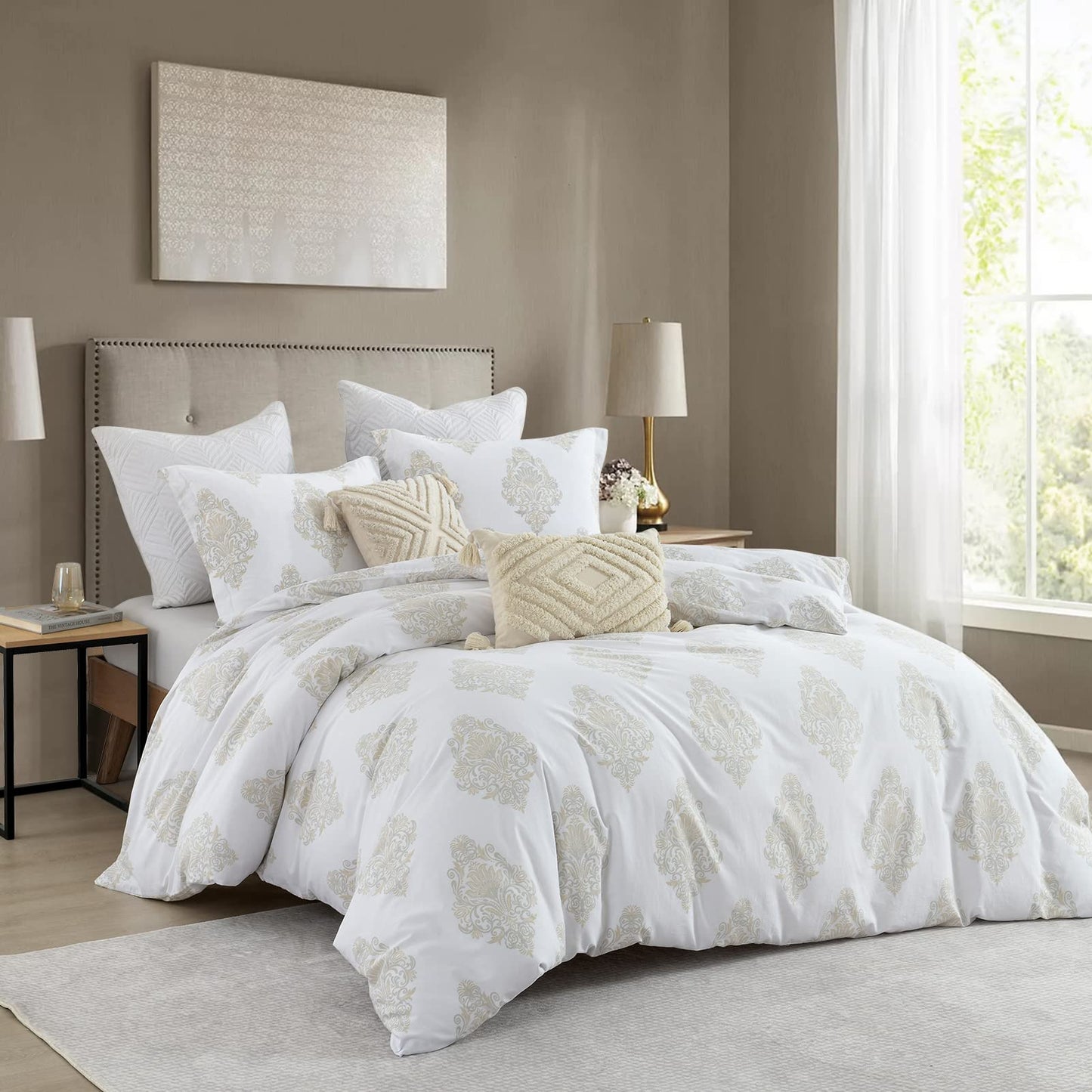 VOOVY Damask Duvet Cover King - 100% Cotton Duvet Cover Set, 3 Pieces Medallion Bedding Duvet Covers with Zipper Closure & 8 Corner Ties for All Season, 104"x90", No Comforter