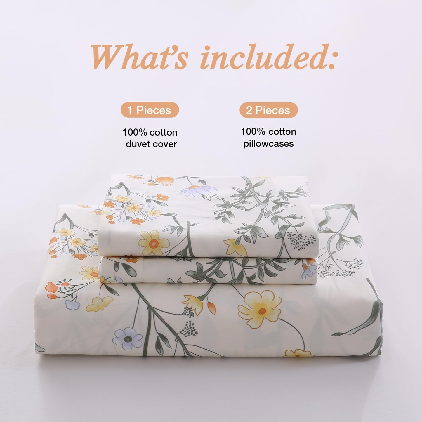 Ocharo Spring Floral 100% Cotton Duvet Cover King Size,Reversible Bedding Set with Yellow White Flowers,Soft Garden and Farmhouse Theme Duvet Bed Cover with 2 Pillow Cases(20"x36")