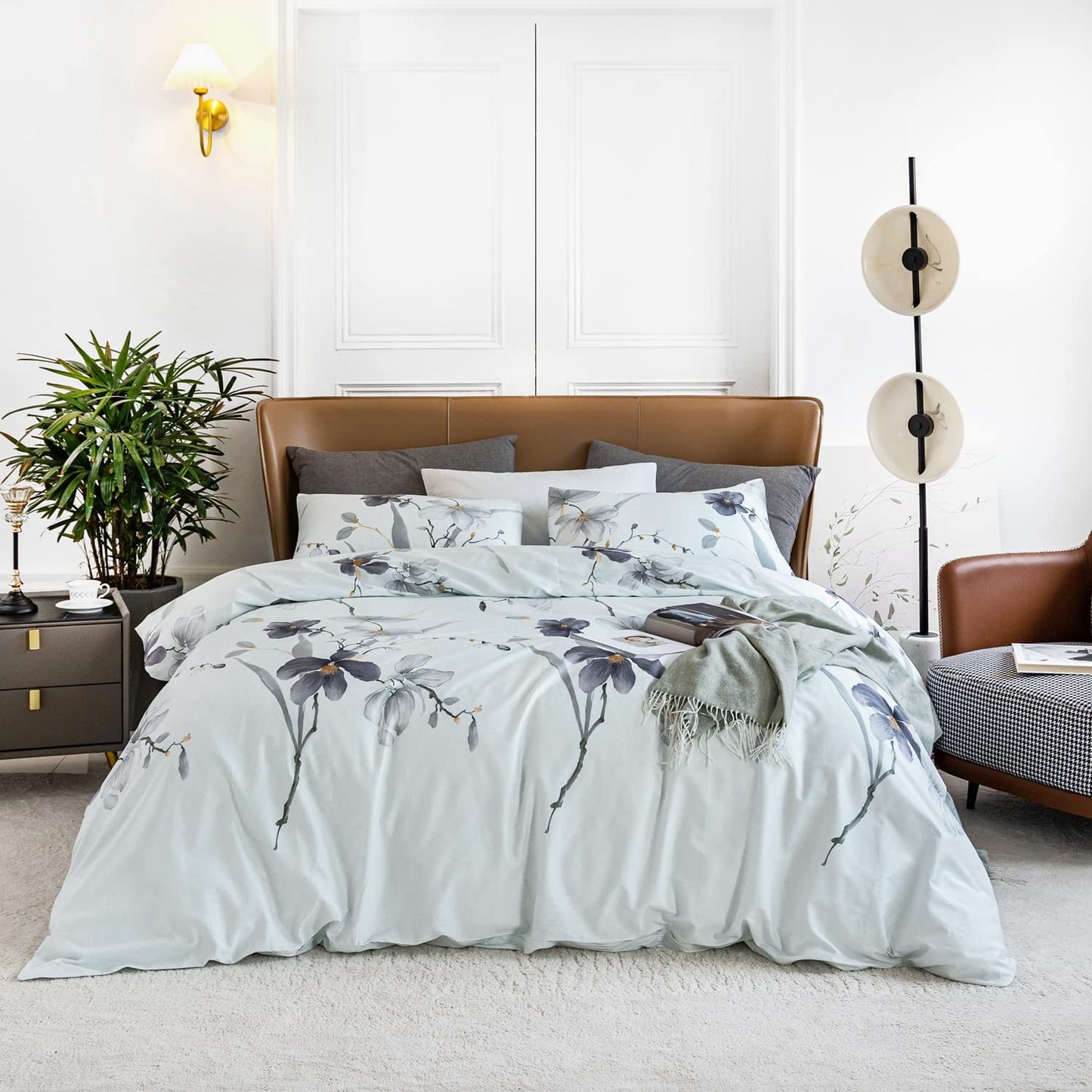 YuHeGuoJi Grey Floral Duvet Cover King 100% Egyptian Cotton 3 Pcs Set 1 Light Blue Botanical Duvet Cover with Zipper Ties 2 Pillowcases Garden Gray Plant Flower Bedding Set Soft