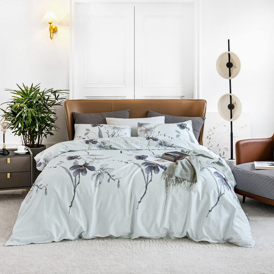 YuHeGuoJi Grey Floral Duvet Cover King 100% Egyptian Cotton 3 Pcs Set 1 Light Blue Botanical Duvet Cover with Zipper Ties 2 Pillowcases Garden Gray Plant Flower Bedding Set Soft