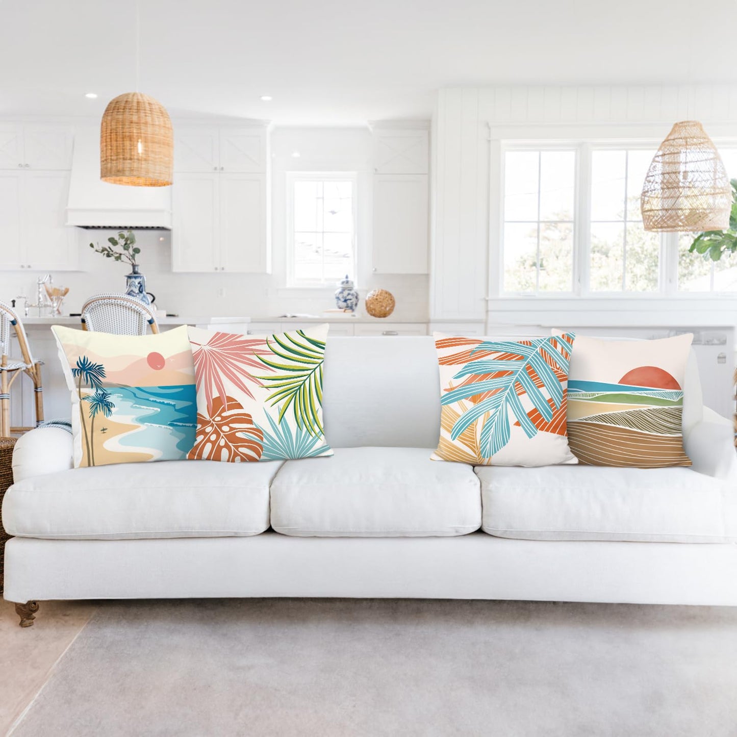 Bonhause Modern Tropical Summer Pillow Covers 18x18 Inch Set of 4 Palm Leaves Beach Decorative Pillows Case Soft Velvet Tropical Outdoor Decoration for Patio Garden Bed Home Decor