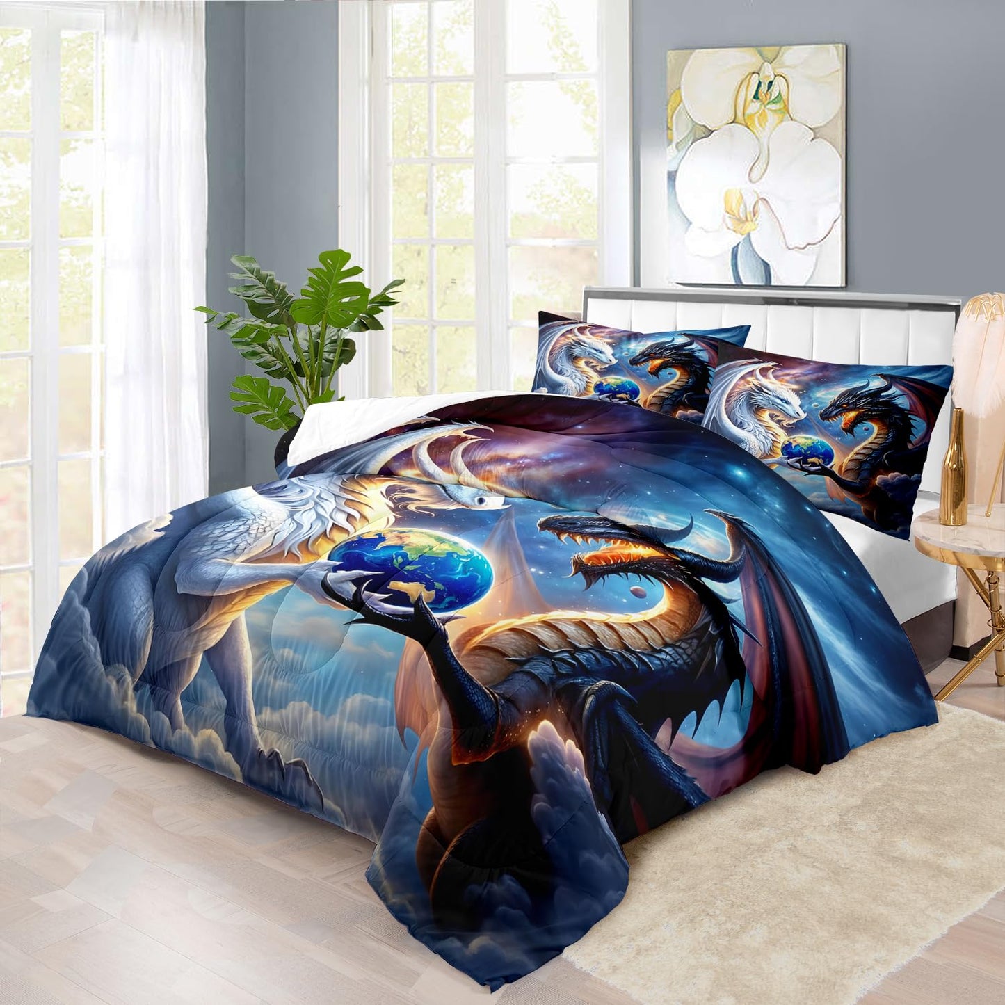 llyxsesty Black White Dragon Comforter Set King Boys Flame Ancient Mysterious Creatures Fantasy Dragon Bedding Set Boys GirlsWhite and Black Comforter King Size Animals Quilt Room Decor