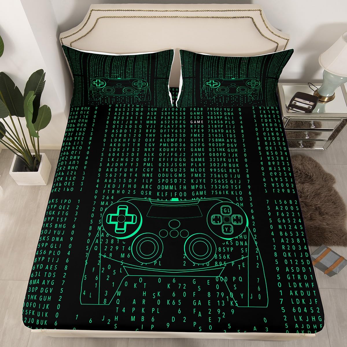 Kids Modern Gamer Bed Sheet Full Size Video Game Controller Fitted Sheet Gamepad Joystick Green Bedding Set for Boys Teens Adult Player Gaming Sheet Set Ultra Soft Room Decoration(No Top Sheet)