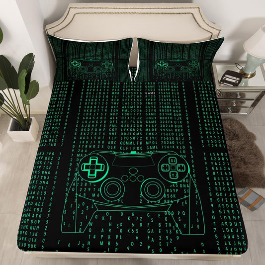 Kids Modern Gamer Bed Sheet Full Size Video Game Controller Fitted Sheet Gamepad Joystick Green Bedding Set for Boys Teens Adult Player Gaming Sheet Set Ultra Soft Room Decoration(No Top Sheet)