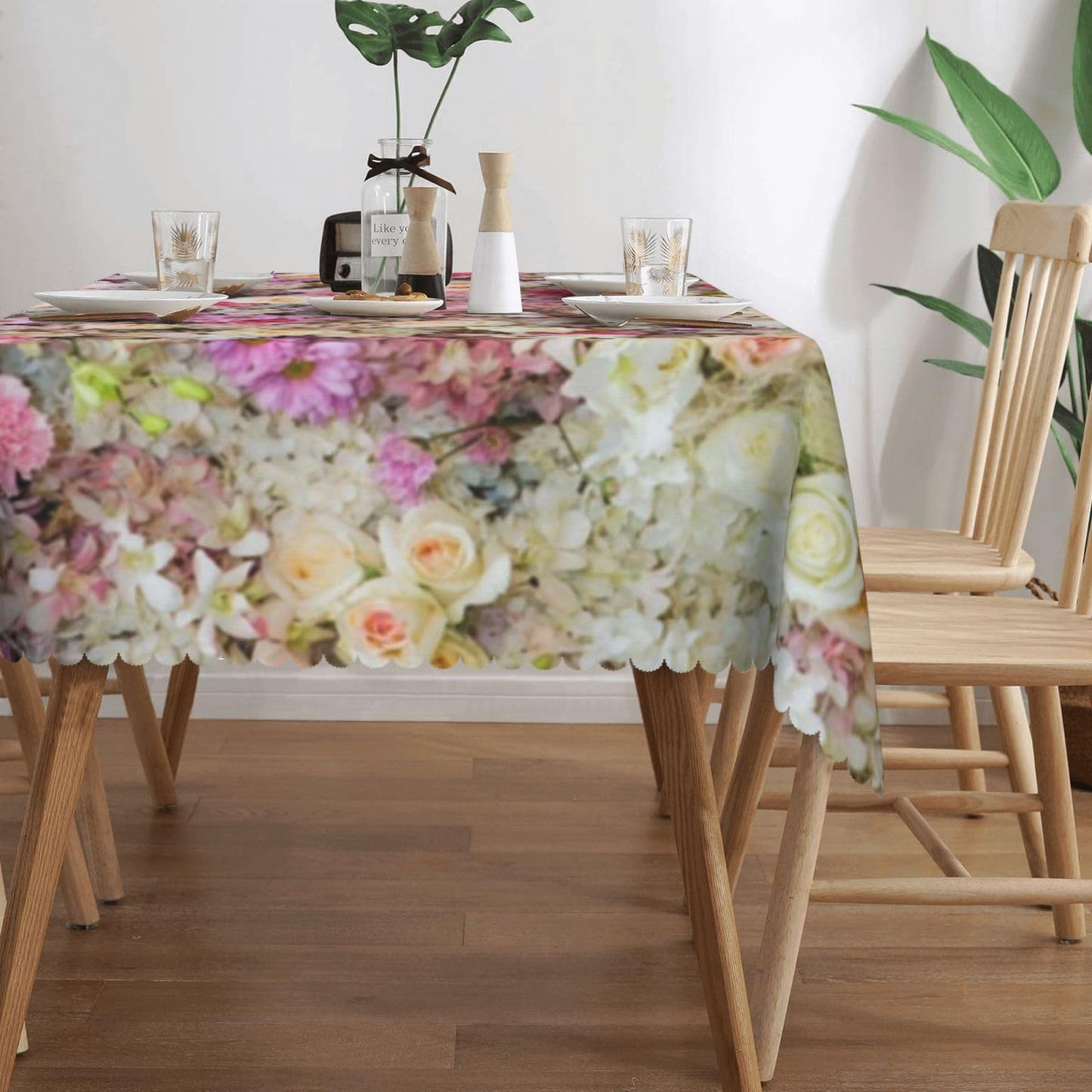GOUROISE Blossom Beautiful Pink Flowers Rectangular Tablecloth, Rose 54x72 Inch Wavy Lace Border Polyester Table Cloth for Dining, Kitchen, Parties