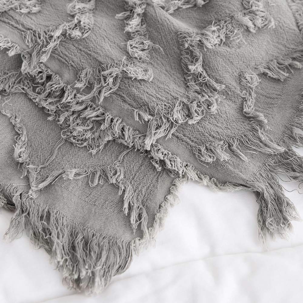 Simple&Opulence 100% Cotton Throw Blanket for Bed, Couch, Tufted Zigzag Knit Woven Boho Blanket with Tassels Soft Lightweight Breathable Cozy Blanket Farmhouse Decoration for All-Season(Grey)