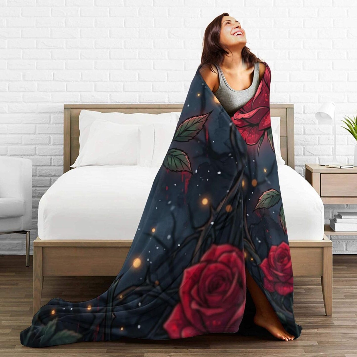 Gothic Red Thorn Rose Dark Glowing Floral Art Print Flannel Blanket