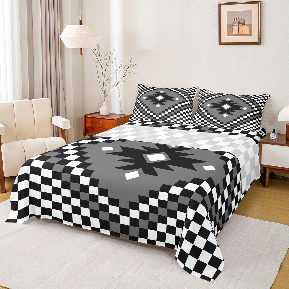 Feelyou Aztec Bed Sheets Sets King Size Kids Boys Girls Black White Checkered Bedding Set Boho Western Decor Bed Sheet Set with 16-Inch Deep Pockets Farmhouse 4Pcs with 2 Pillow Cases