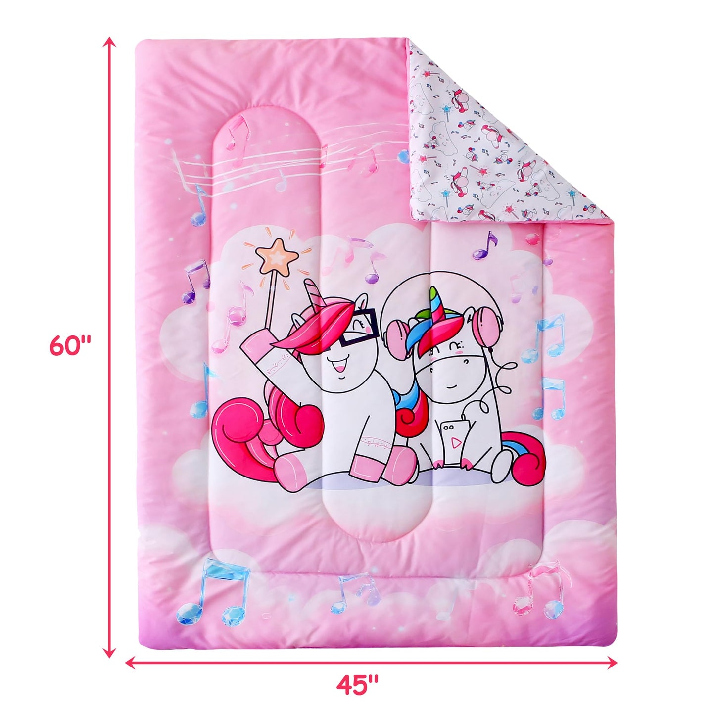 Mooreeke 4 Pieces Toddler Bedding Set - Pink Purple Music Unicorn Toddler Comforter Sets for Girls, Includes Comforter, Flat Sheet, Fitted Sheet and Pillowcase, Bed in A Bag for Baby Bedroom