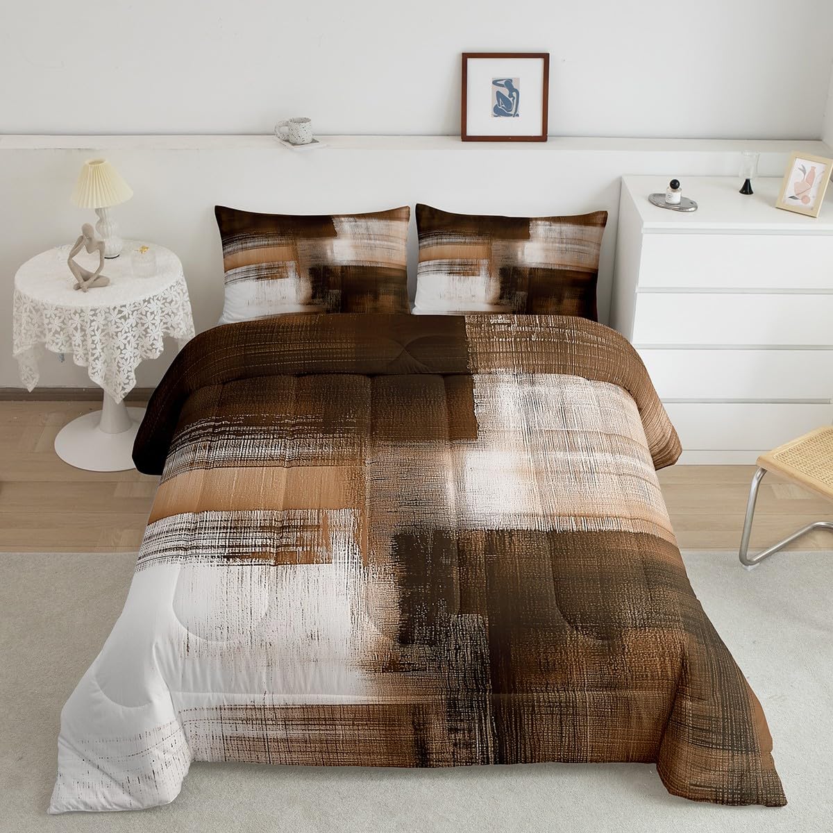 Feelyou Brown Abstract Art Comforter Set for Kids Boys Girls Modern Art Bedding Set Queen Size Abstract Oil Painting Duvet Quilt Geometric Bedroom Decor Breathable Soft Lightweight Microfiber 3Pcs