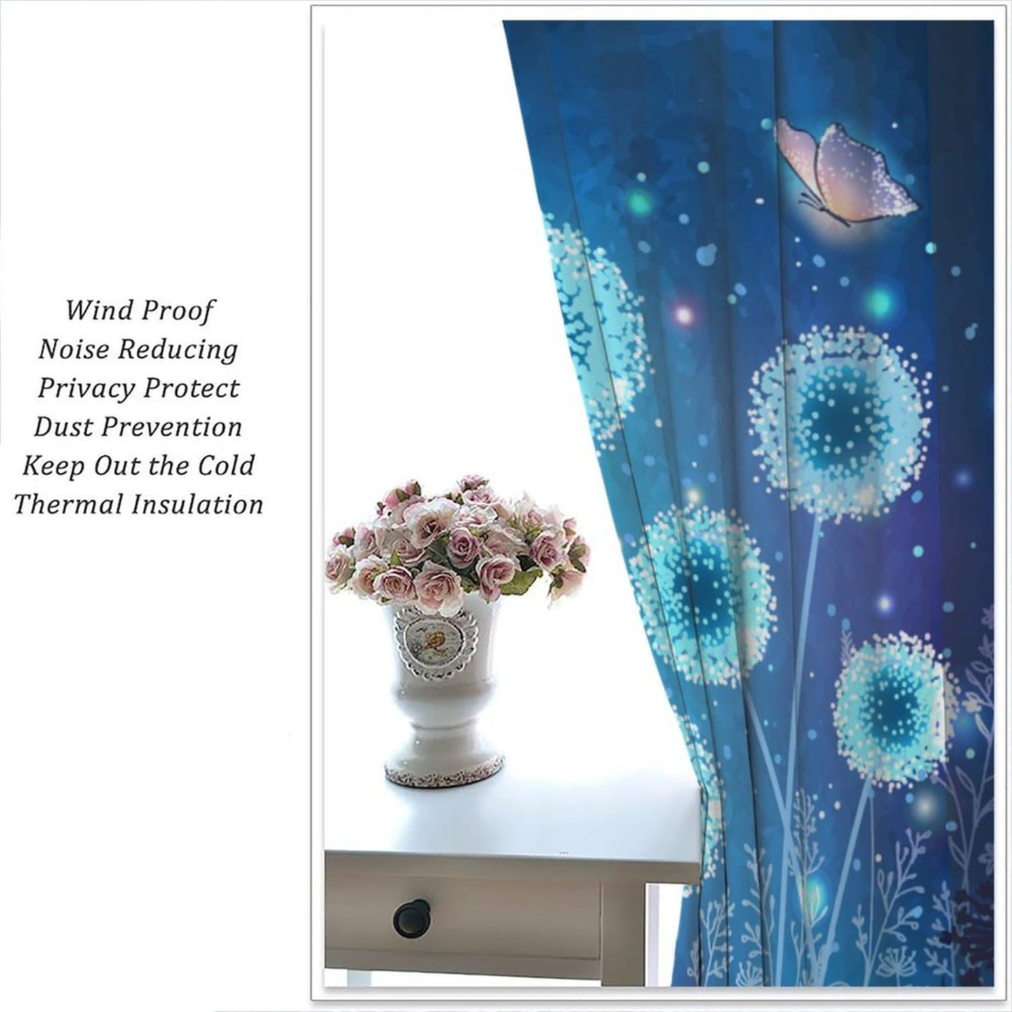 DDCBNS Fantasy Nature Window Curtains,Magical Garden Dandelion Window Treatments for Bedroom Living Room Nature Scenery Butterfly Print Drapes 2 Panels Set,Total Size 42 x 45 Inch