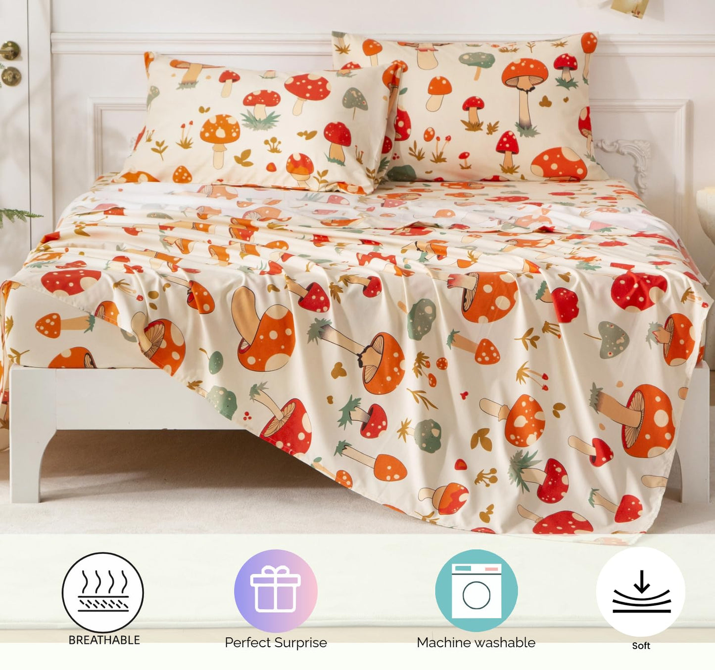 SDY 7PCS Mushroom Bedding Twin，Mushroom Comforter Twin and Bed Sheets for Boys Girls and Kids witj 1Comforter 1Fitted Sheet 1Flat Sheet 2Pillow Cover 2Pillow Sham