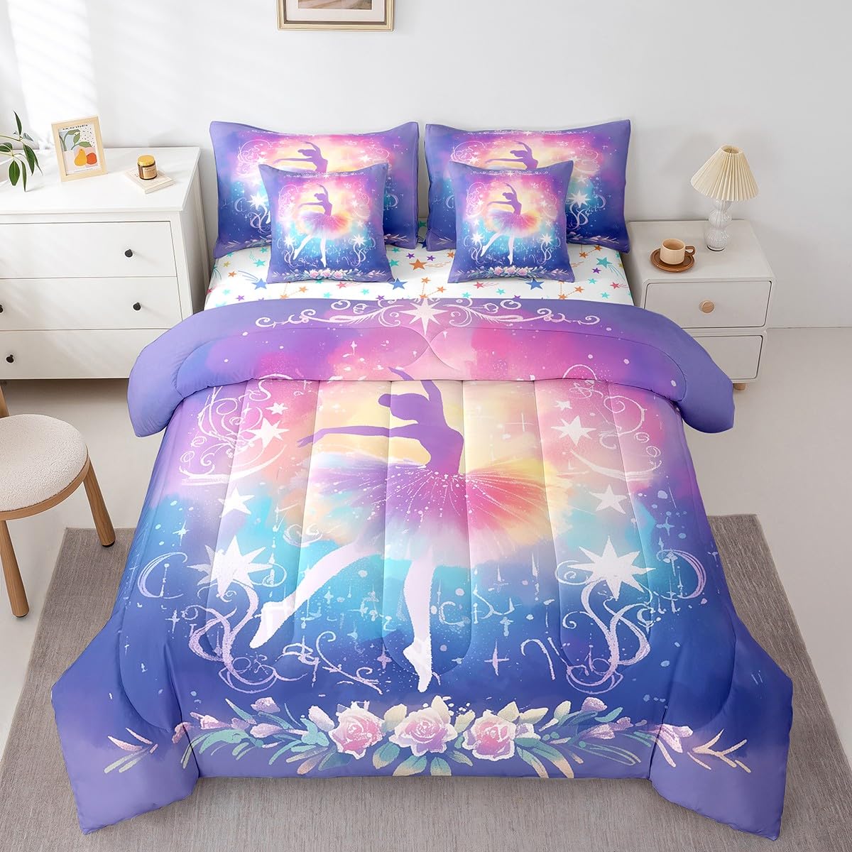 Feelyou Kids Ballet Dancer Comforter Set with Sheets Twin Size, Ballerina 7 Pieces Bedding Set Boys Girls Dreamy Princess Bed in A Bag Dancing Teens Bed Set Bedroom Decor 7Pcs