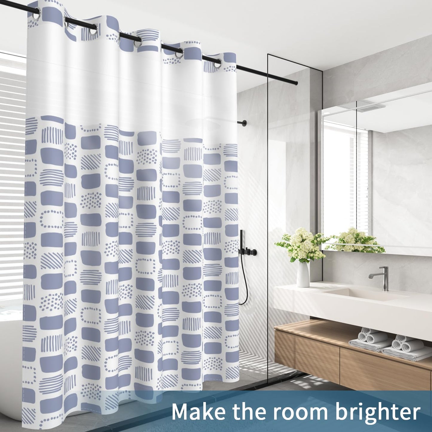 No Hook Shower Curtain with Snap in Liner Set, Boho Modern Abstract Geometric Unique Pattern Decorative Waterproof Fabric Shower Curtain for College Dorm Hotel Apartment Bathroom Bathtub, 71x74 Inch