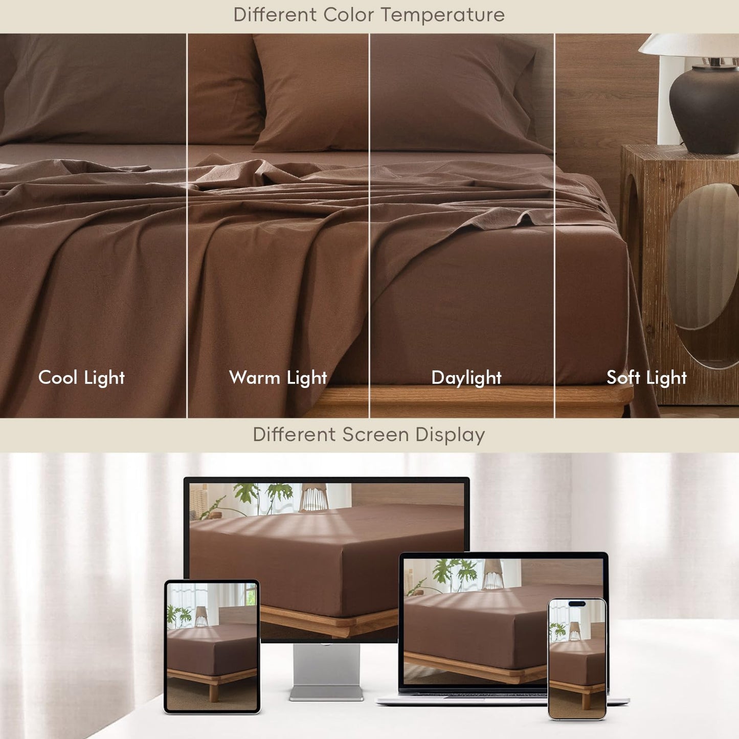 MooMee Fitted Bottom Sheet Only 100% Washed Cotton Linen Like Textured Breathable Durable Soft Comfy Deep Pocket Fits Mattress up to 17" (Cocoa Brown, Queen)
