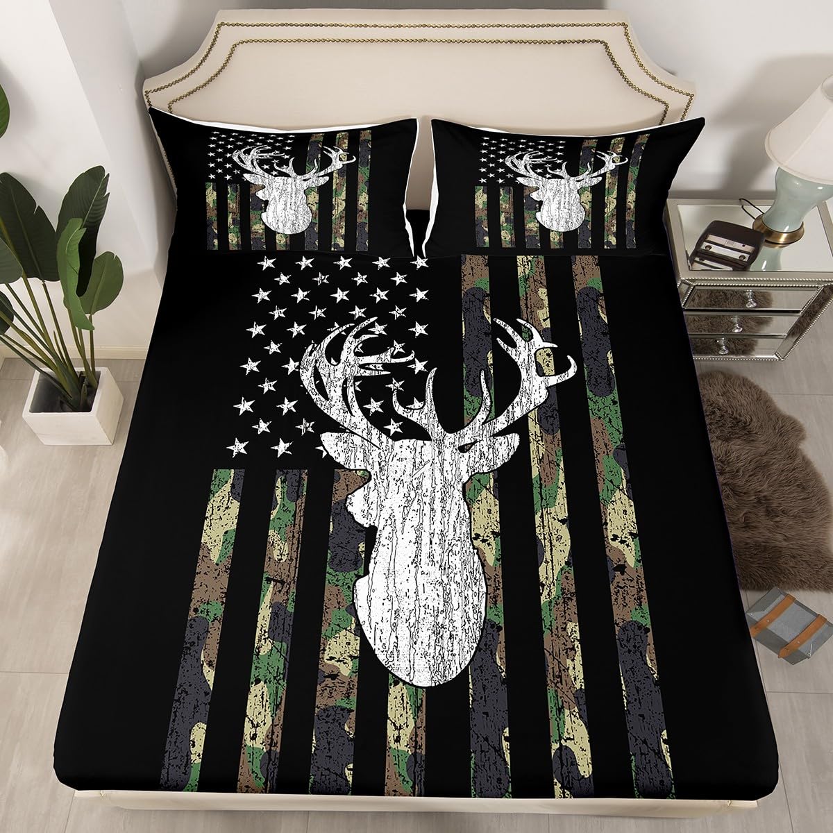 American Flag Sheet Set Deer Hunting Camo Bedding Set Military Camouflage Bed Sheets King for Kids Boys Teens Man,Western Rustic Farmhouse Stars Stripes Fitted Sheet Army Green Flat Sheet 3 Piece