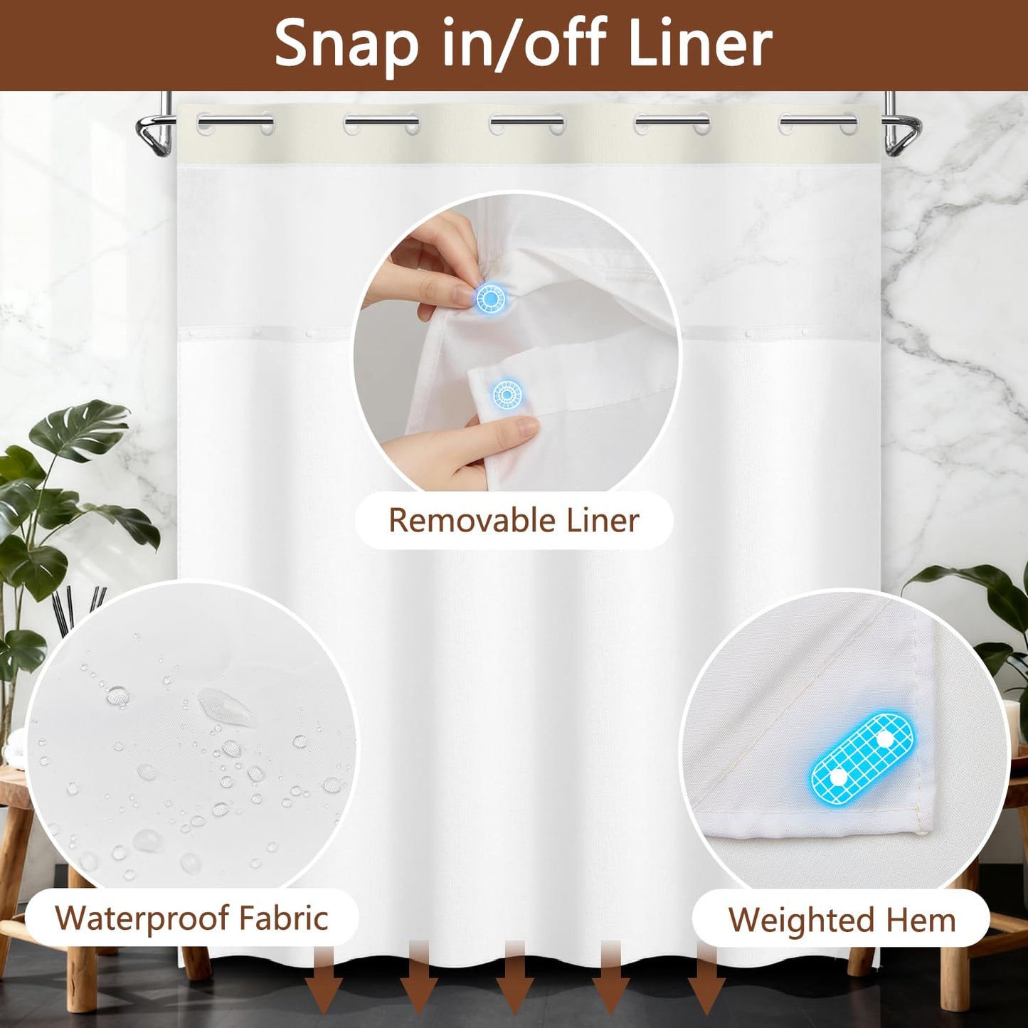 No Hook Shower Curtain with Snap in Liner, Funny Black Cat Floral Wildflower Spring Bathroom Curtains, Hotel Waterproof Fabric Shower Curtain with See Through Top Window, Weighted Hem, 71x74 Inch
